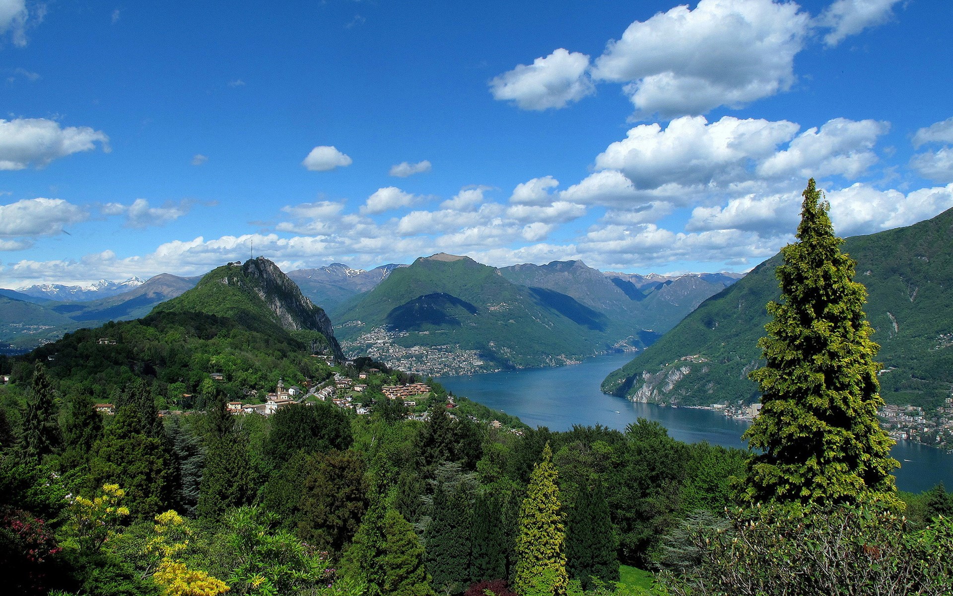 Lake Lugano with mountains and trees HD Wallpaper