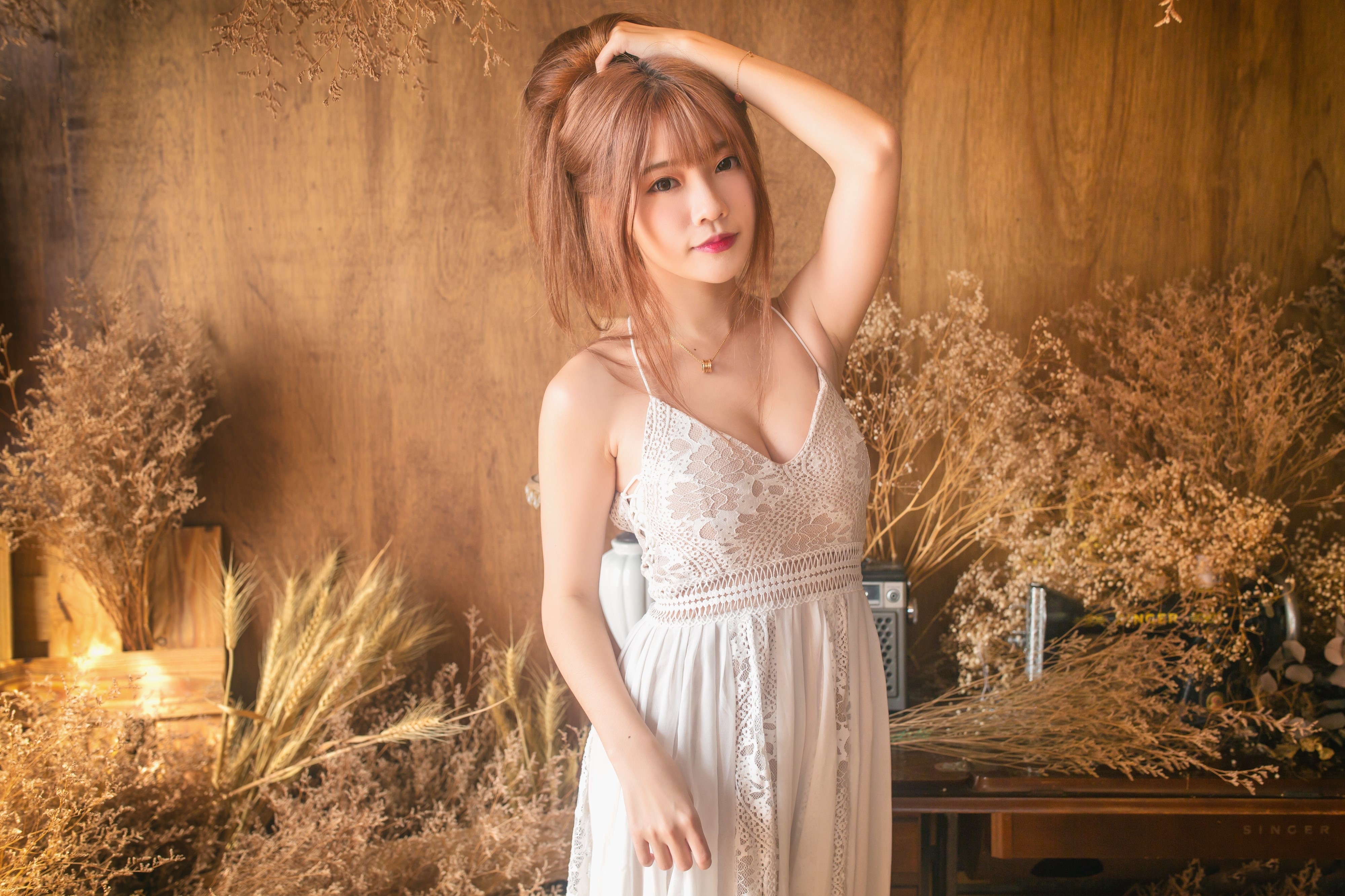 Asian woman in white dress posing HD Wallpaper