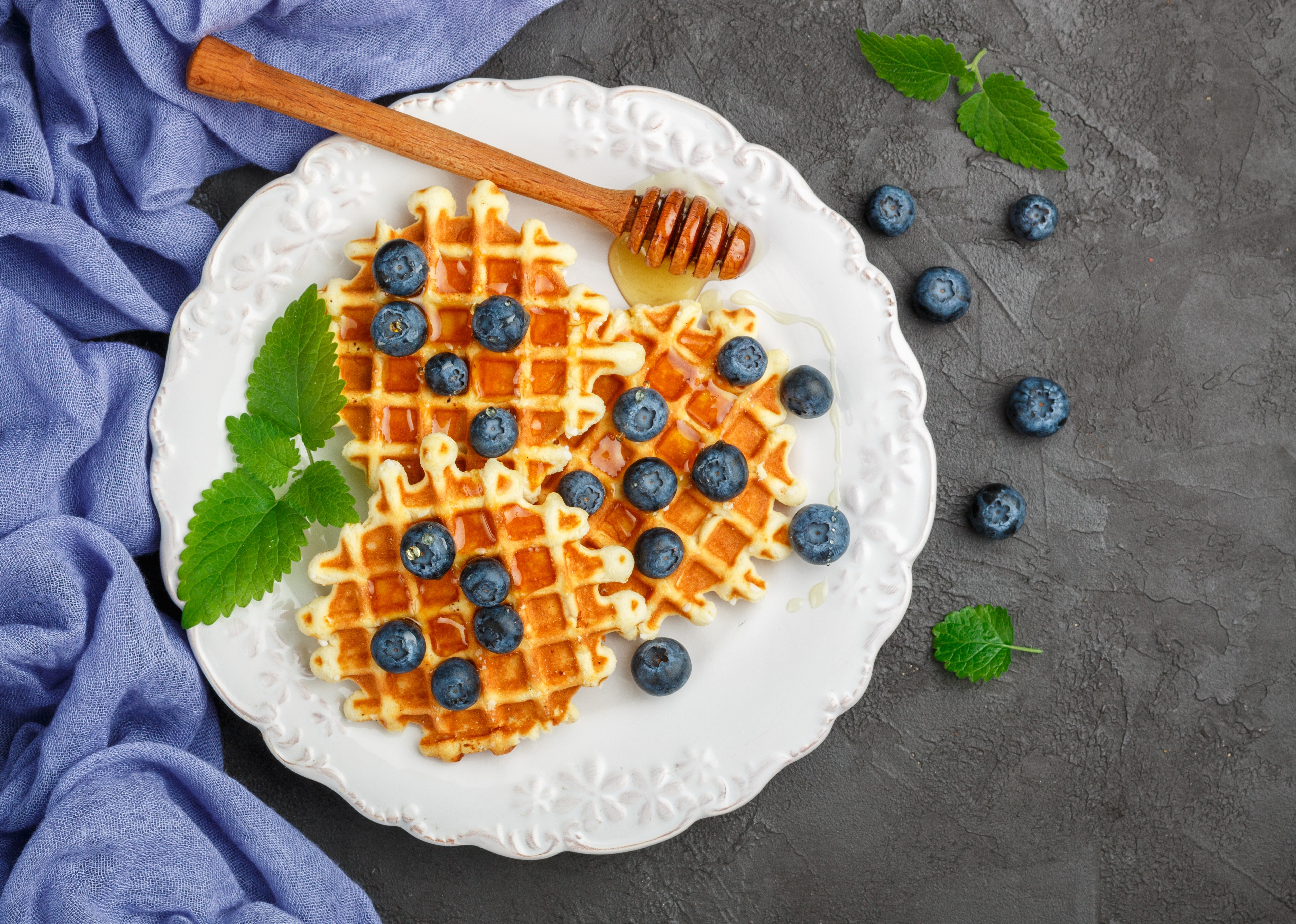 Waffles with blueberries and honey on a plate HD Wallpaper