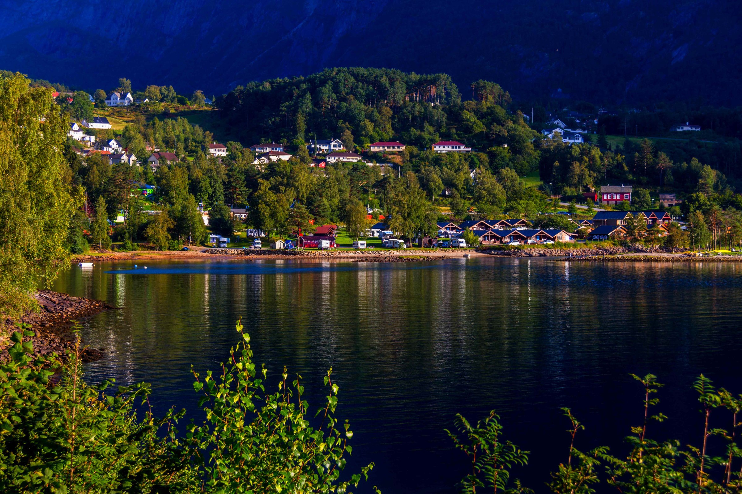 Houses and village on the shore of Hardangerfjord, Norway HD Wallpaper