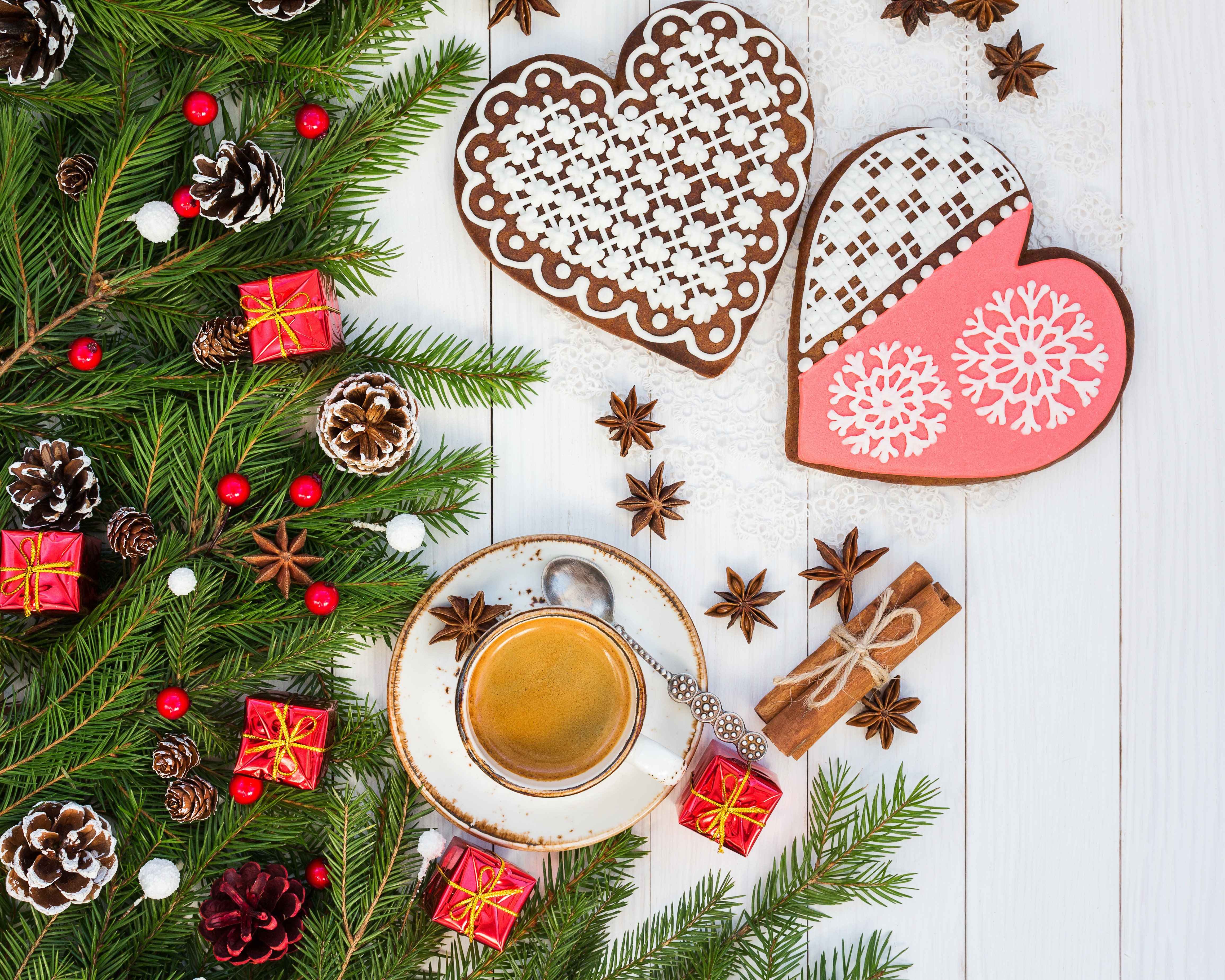 Christmas cookies and coffee with pine branches HD Wallpaper