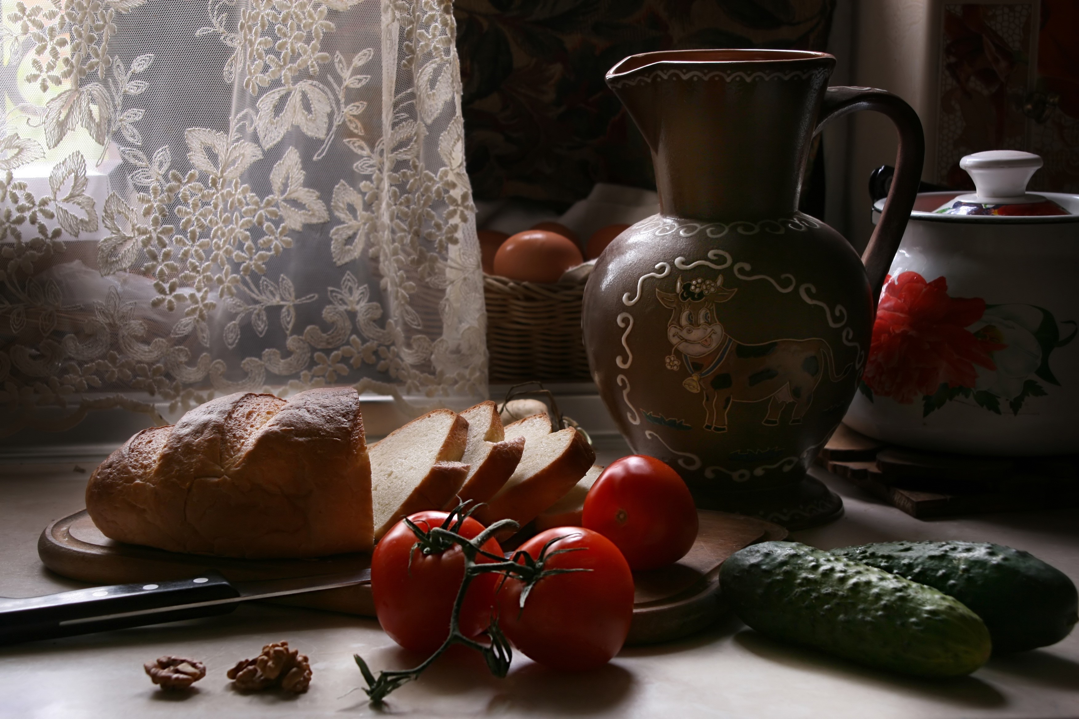 Still life with bread, tomatoes, cucumbers, and a jug HD Wallpaper