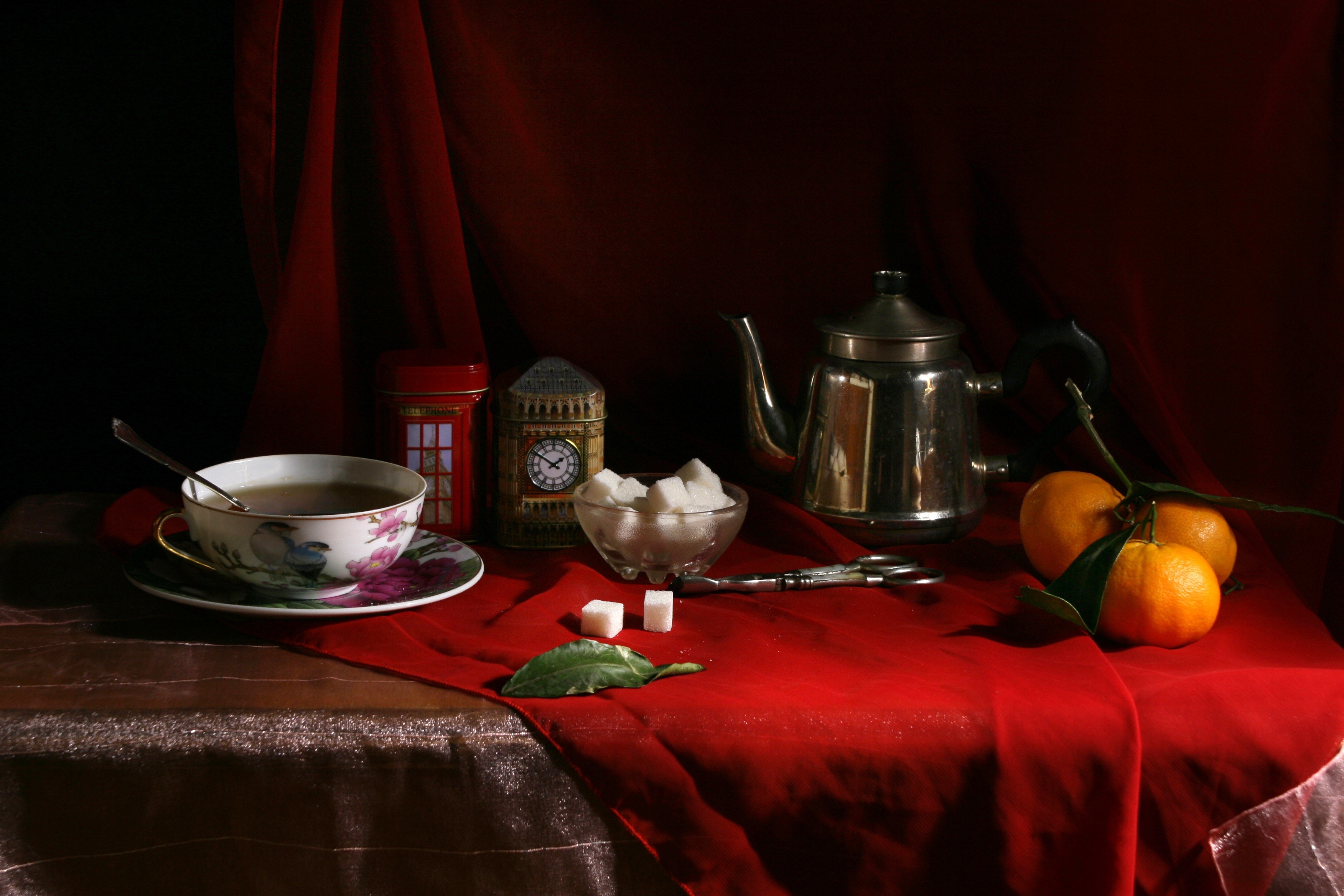 Still life with tea set, oranges, and sugar cubes HD Wallpaper