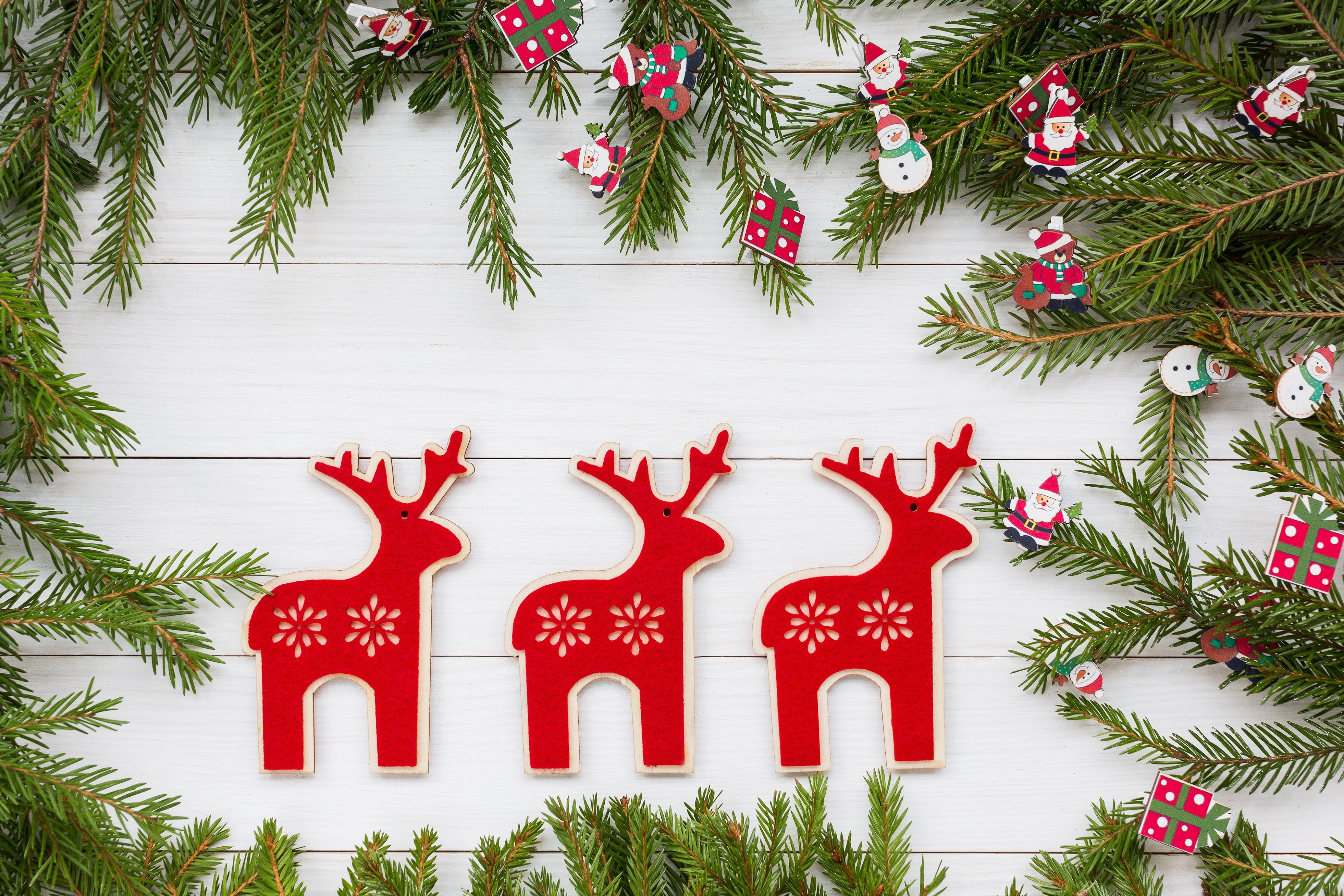 Christmas deer and fir branches on wood planks HD Wallpaper