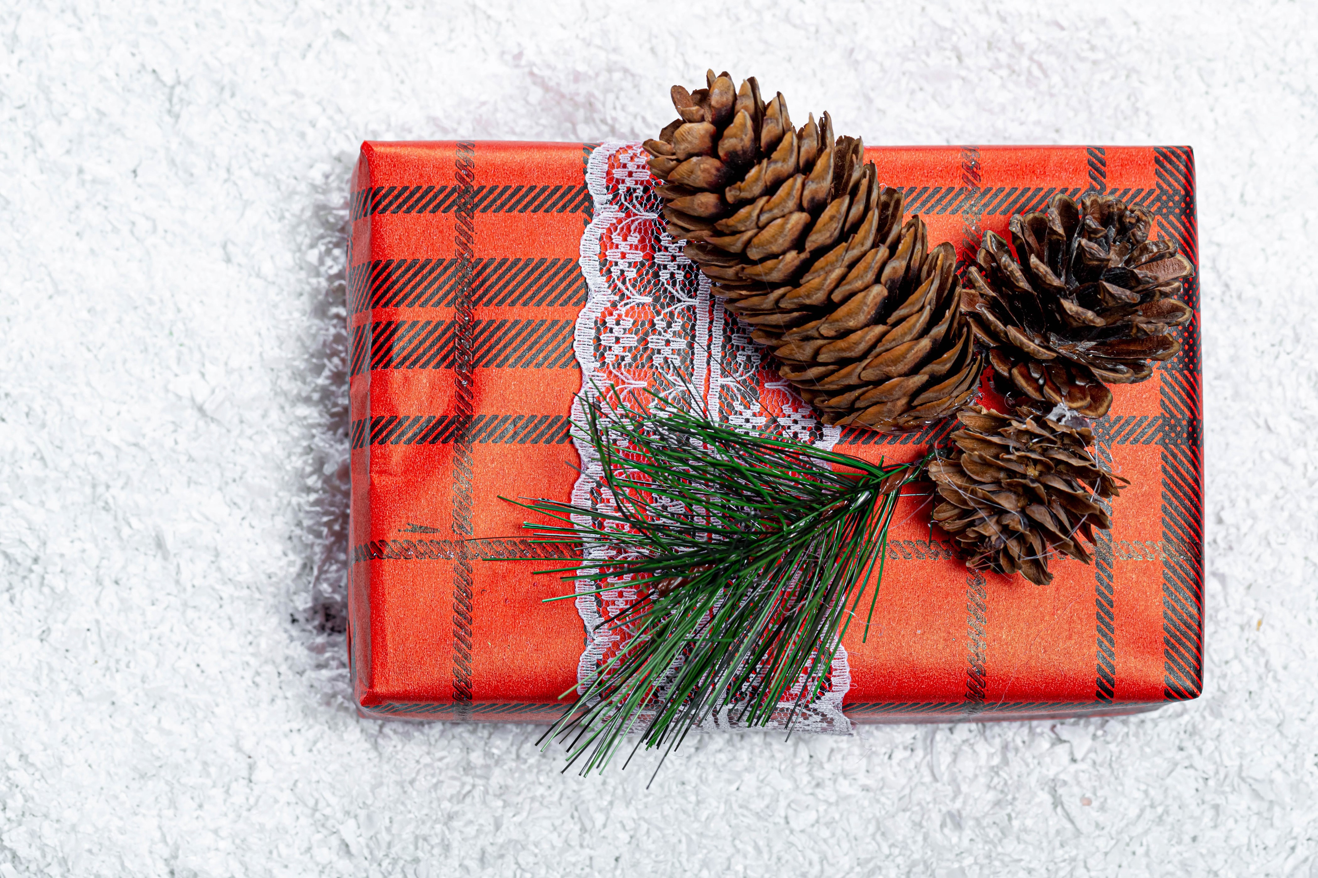 Christmas gift with pine cones and pine branch HD Wallpaper