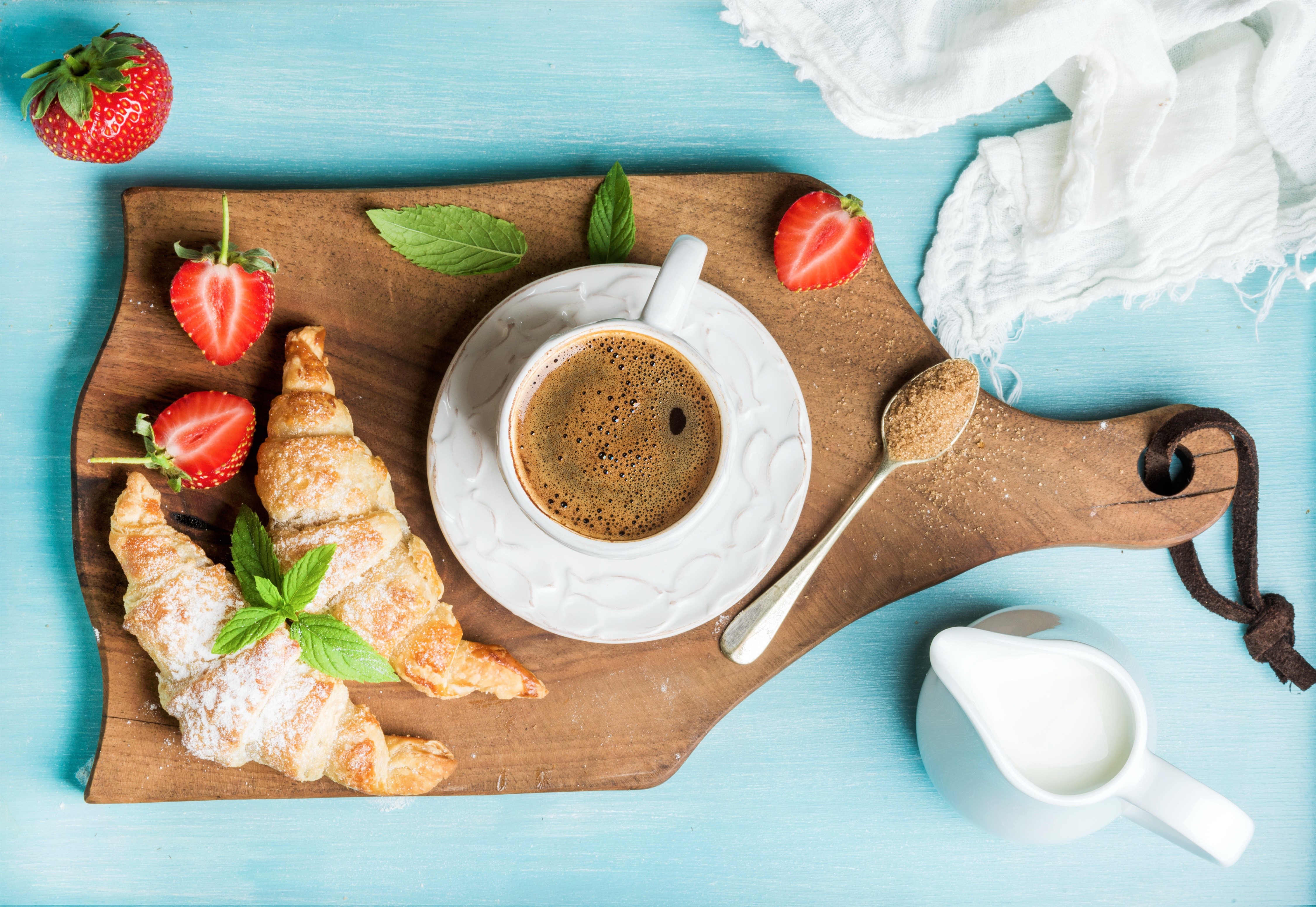 Coffee, Croissants, Strawberries, and Cream on a Cutting Board HD Wallpaper