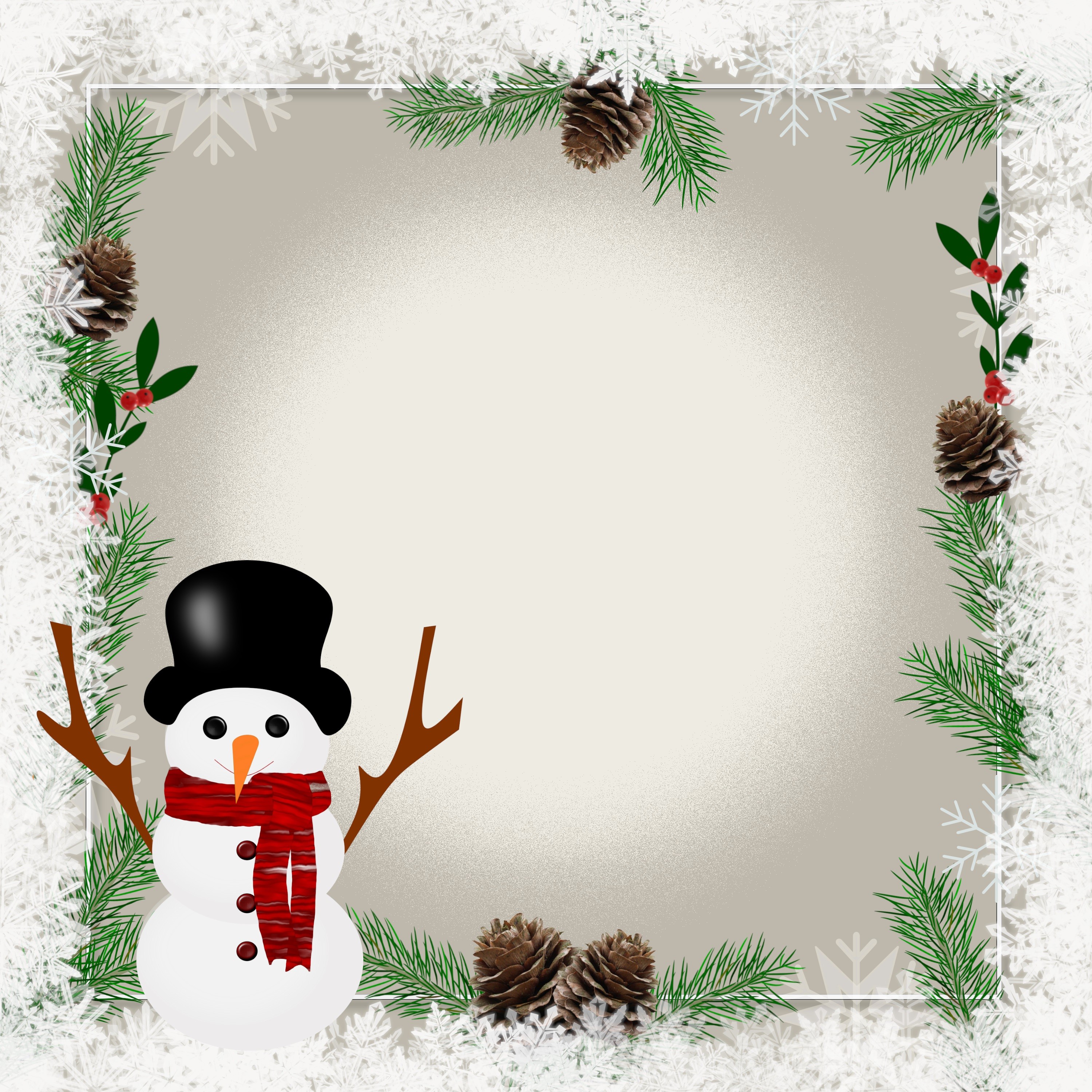 Snowman with Christmas border and snowflakes HD Wallpaper