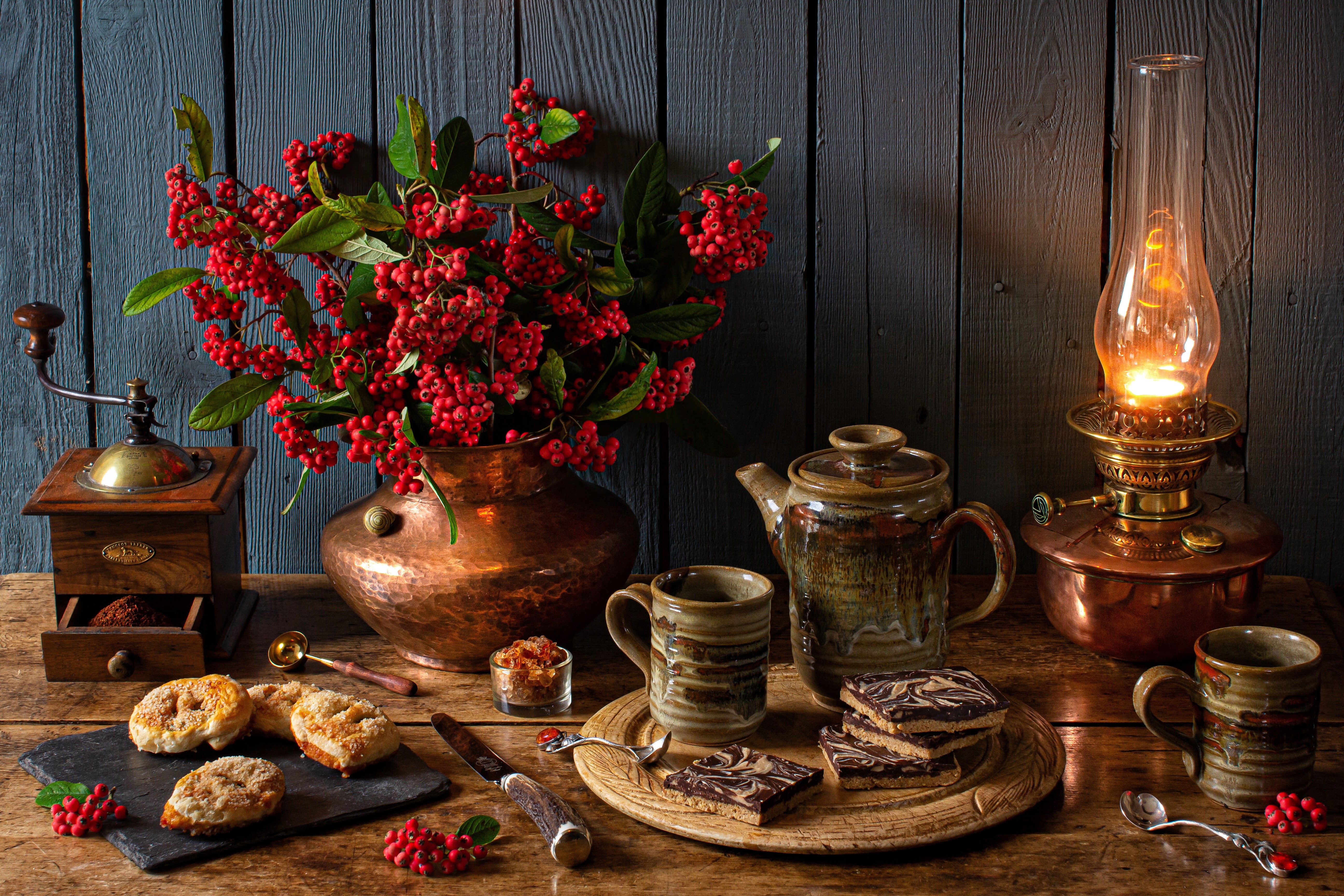 Still-life with Kerosene lamp, Sorbus, Pastry, Knife, Vase, Mug, Spoon HD Wallpaper
