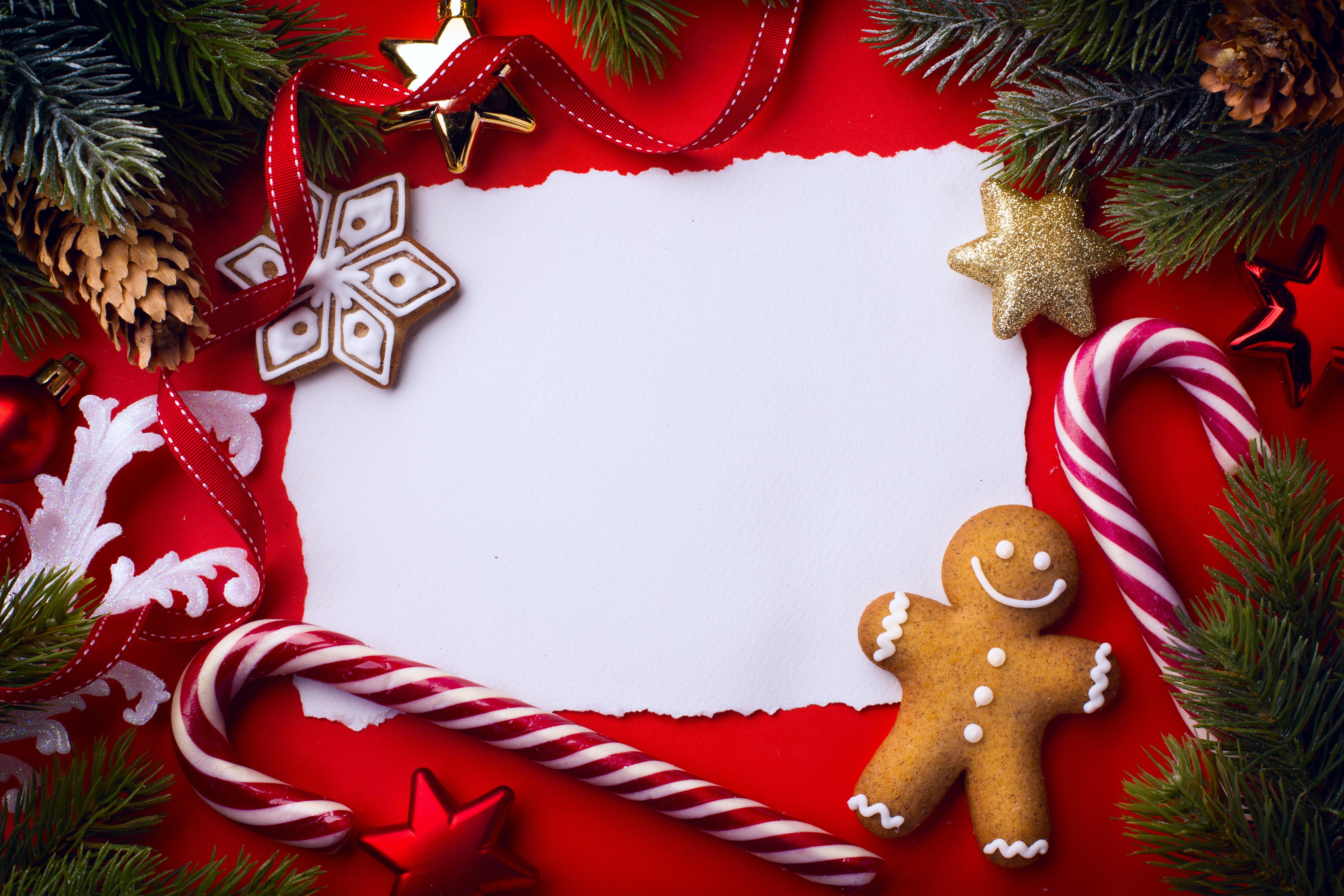 Christmas greeting card with cookies and candy canes HD Wallpaper