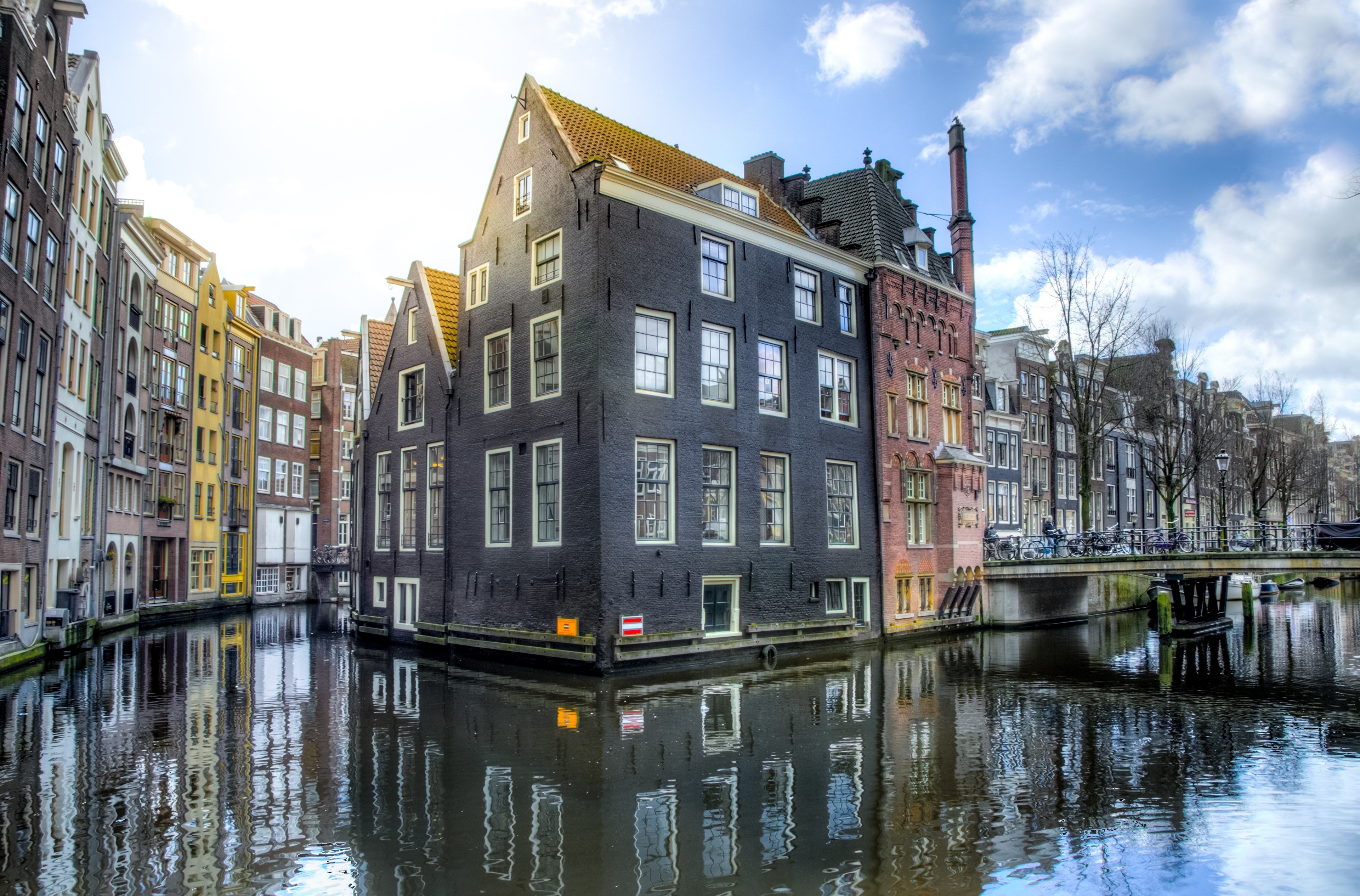 Amsterdam Canal with Houses and Bridge HD Wallpaper