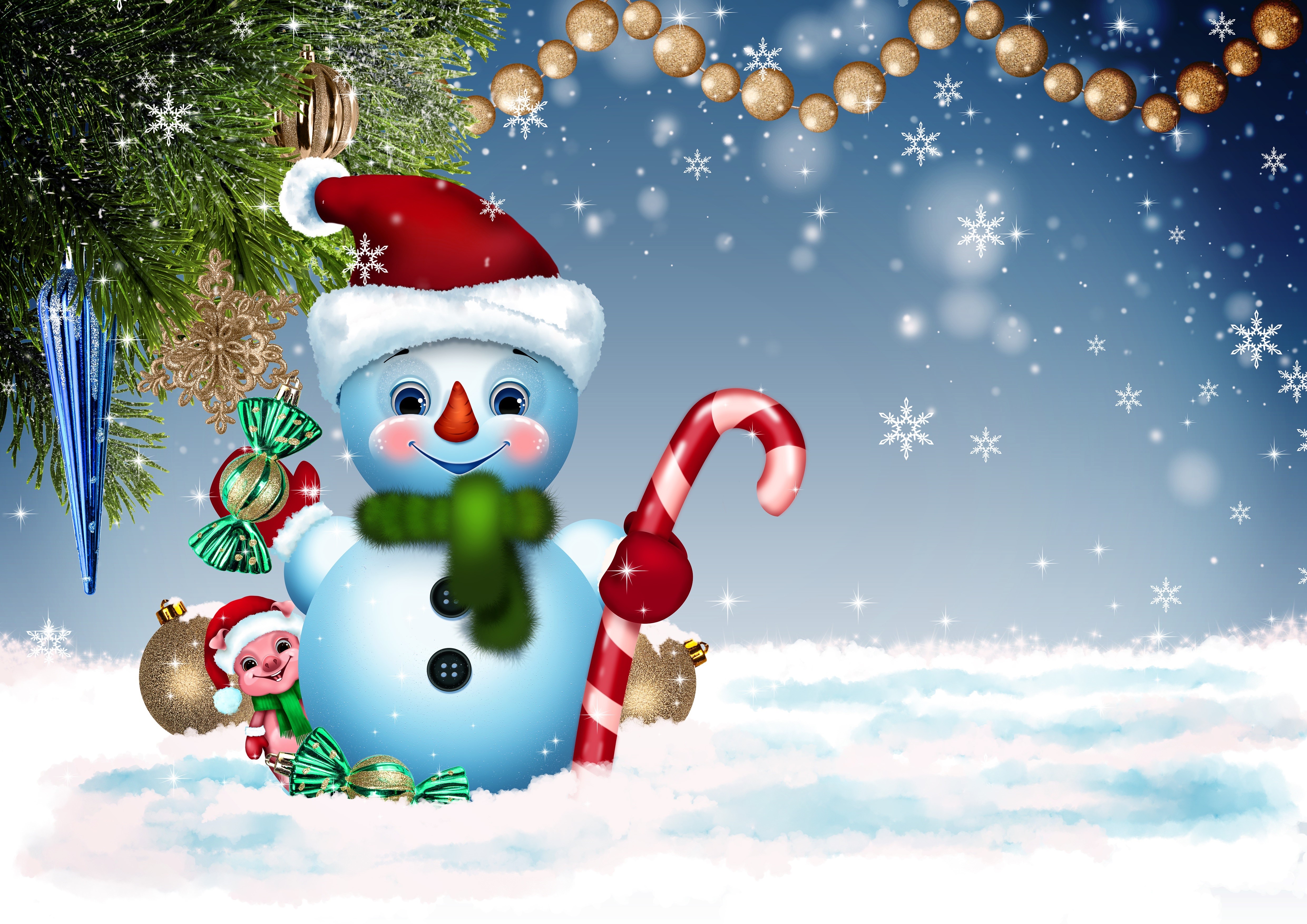 4K Christmas Snowman with Candy Cane and Ornaments HD Wallpaper