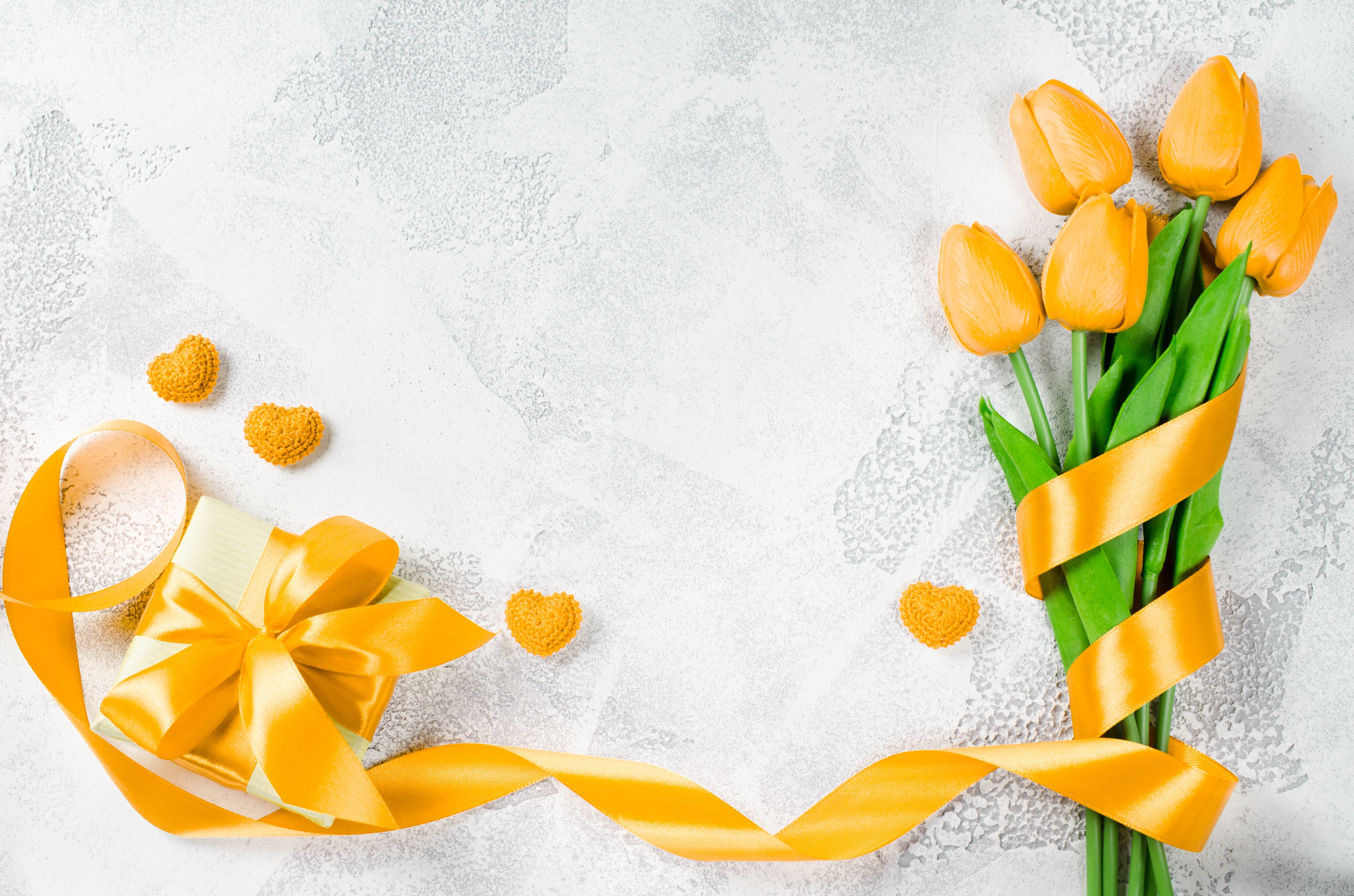 Yellow Tulips and Gift with Ribbon and Hearts HD Wallpaper