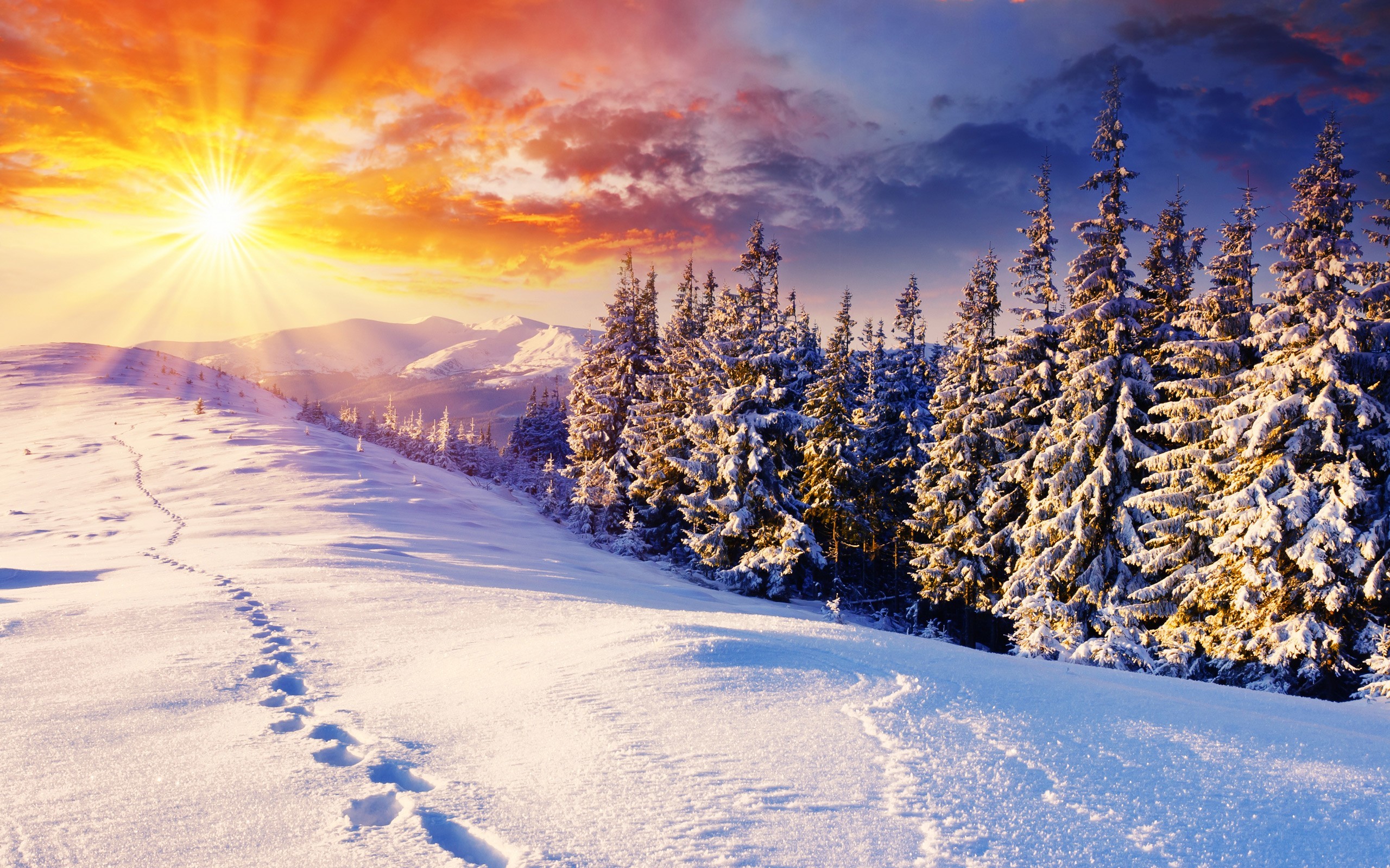 Winter mountain landscape with sun rays and footprints HD Wallpaper