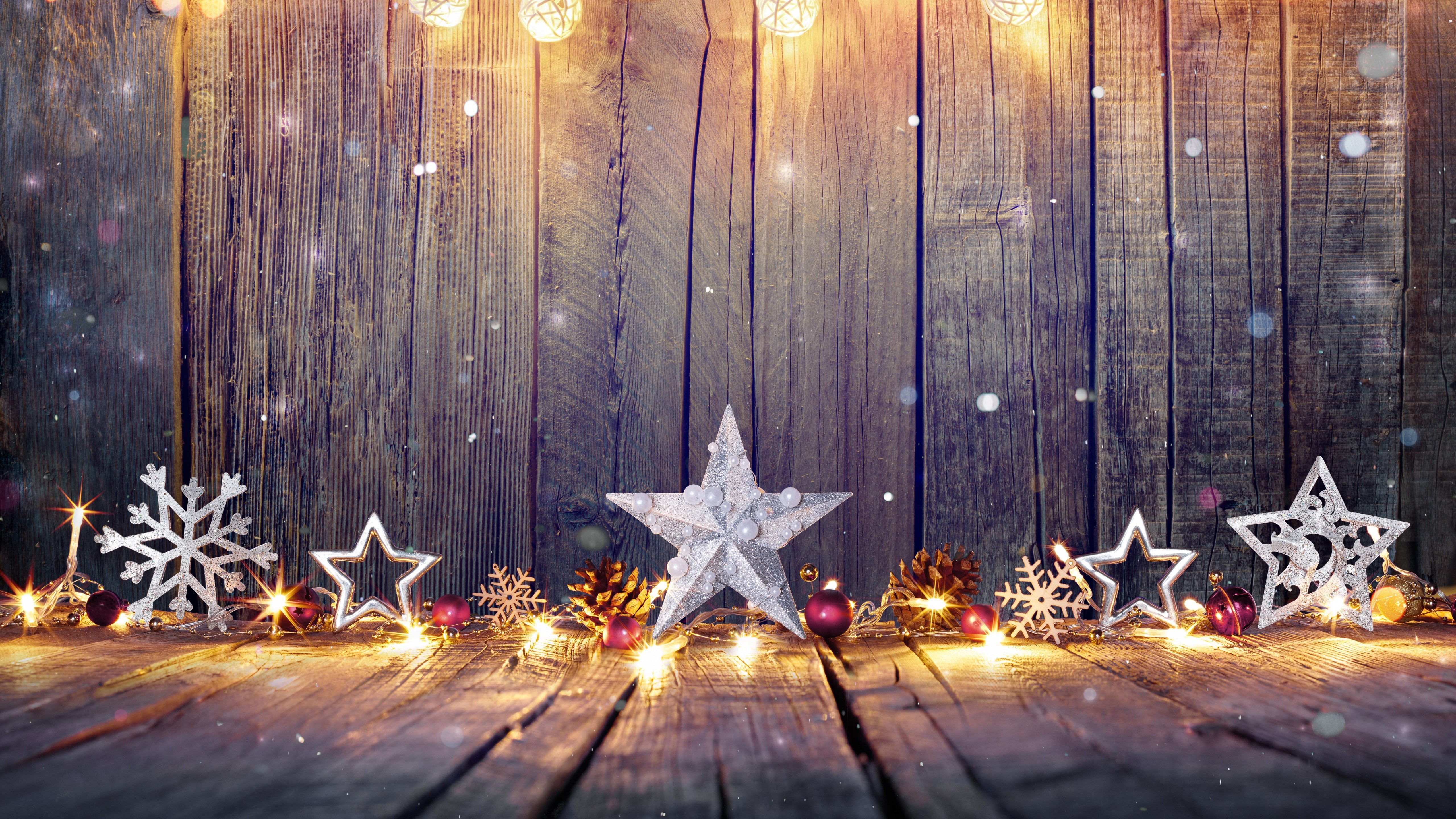 Christmas Decorations on Wooden Planks with Lights HD Wallpaper
