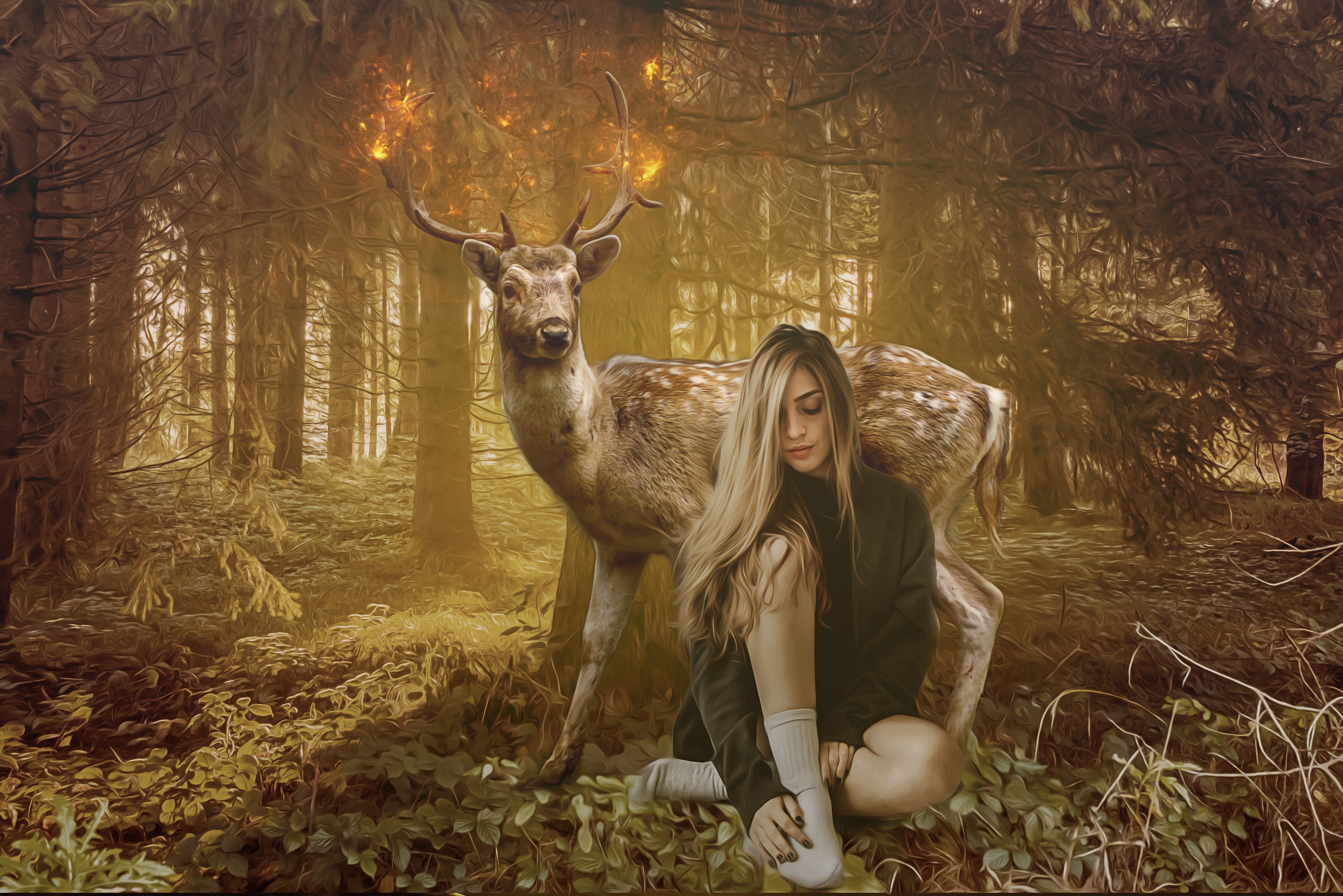 Deer with flaming antlers and a woman in a forest HD Wallpaper