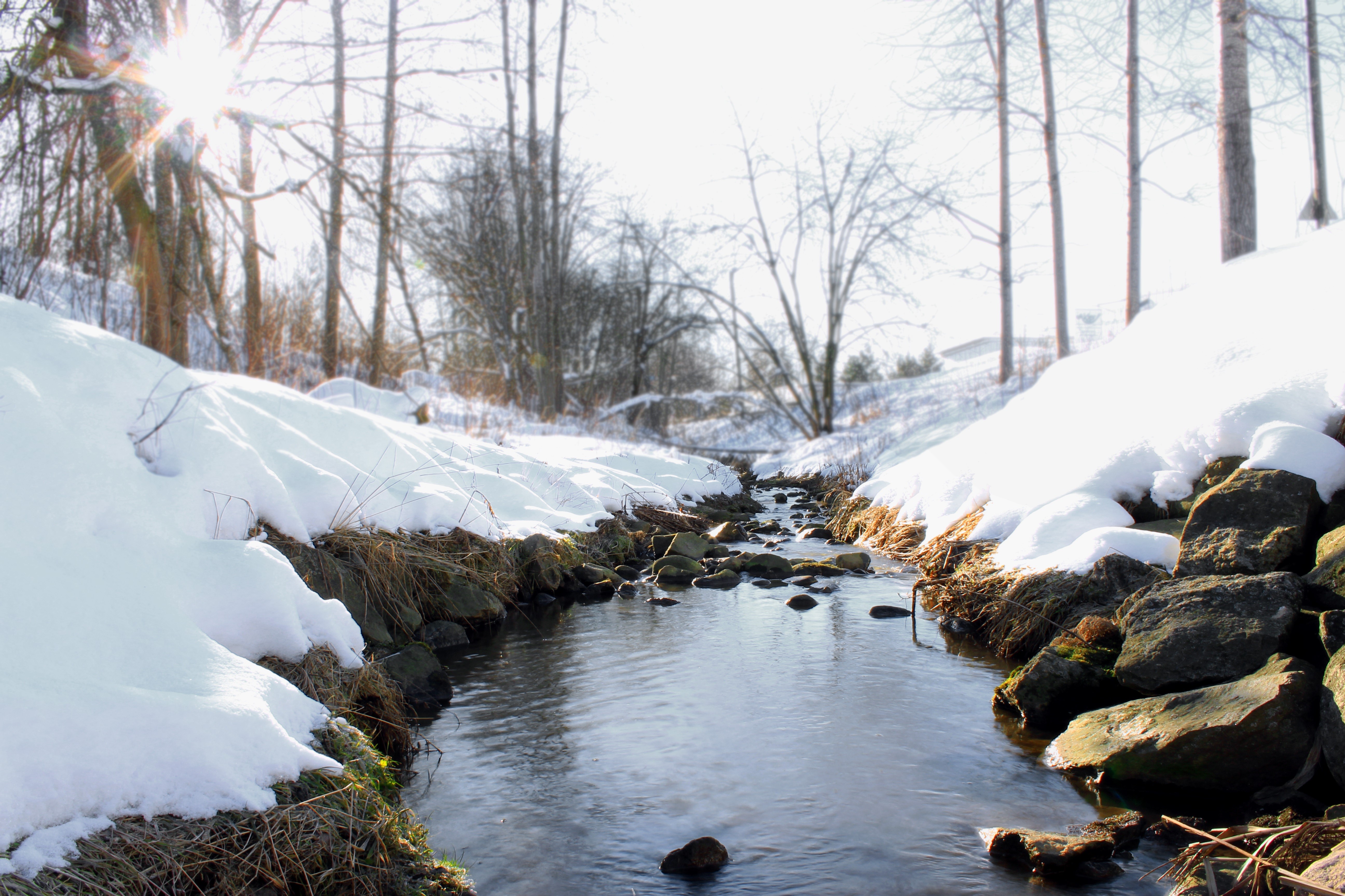 Winter Stream with Snow and Stones HD Wallpaper