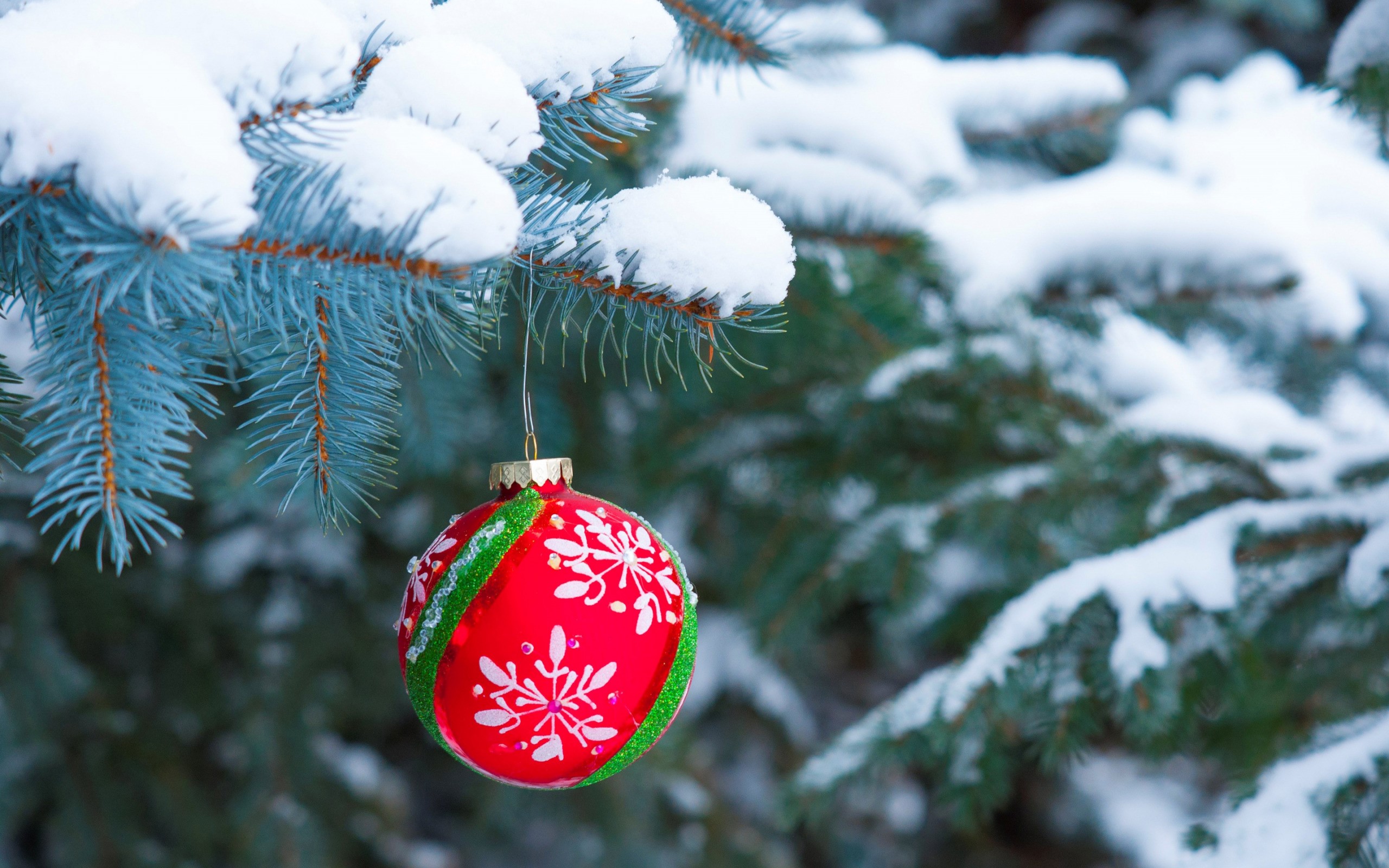 Christmas ornament on a snow-covered spruce tree HD Wallpaper