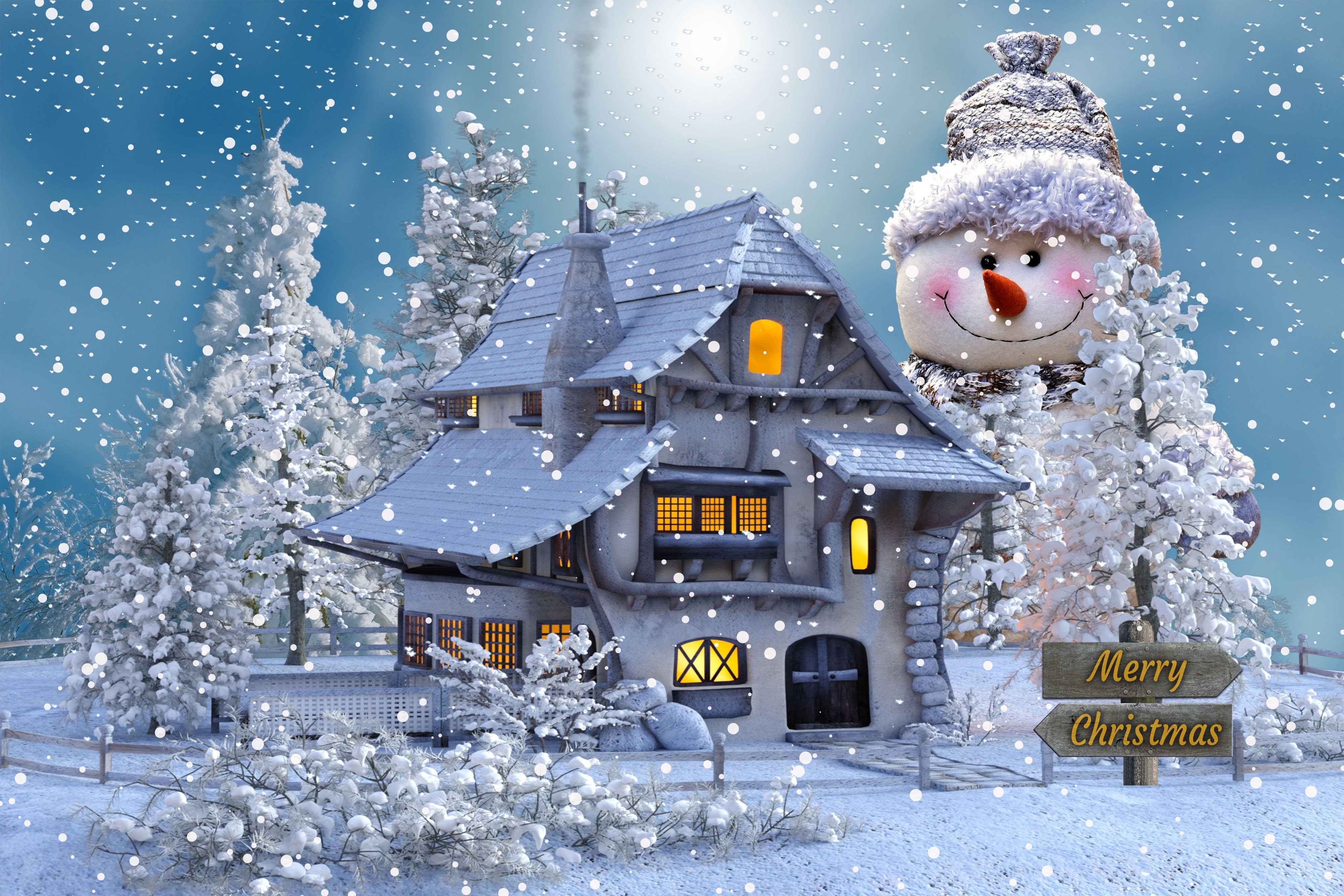 4K Winter Christmas Scene with Snowmen and Trees HD Wallpaper