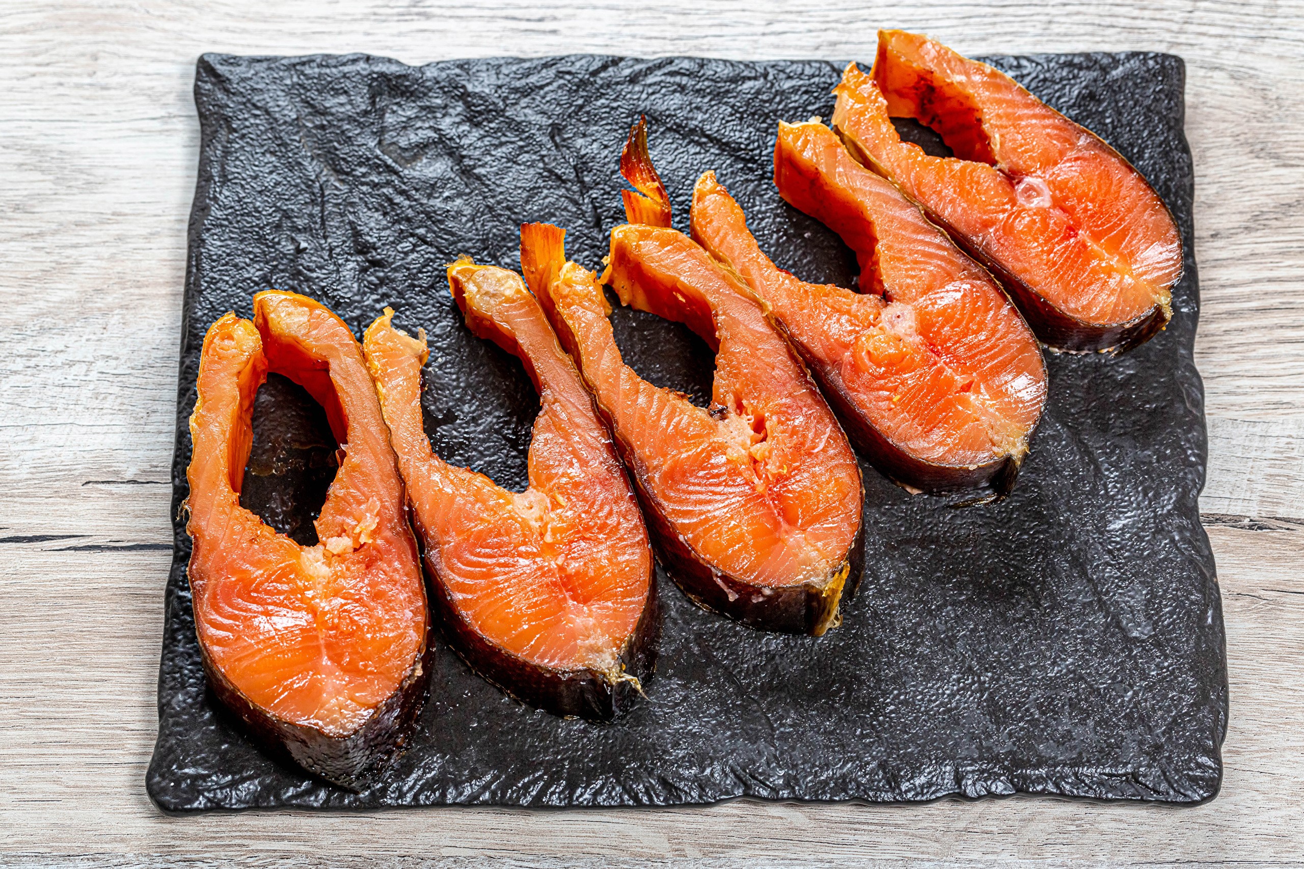 Smoked Salmon Steaks on a Black Slate HD Wallpaper