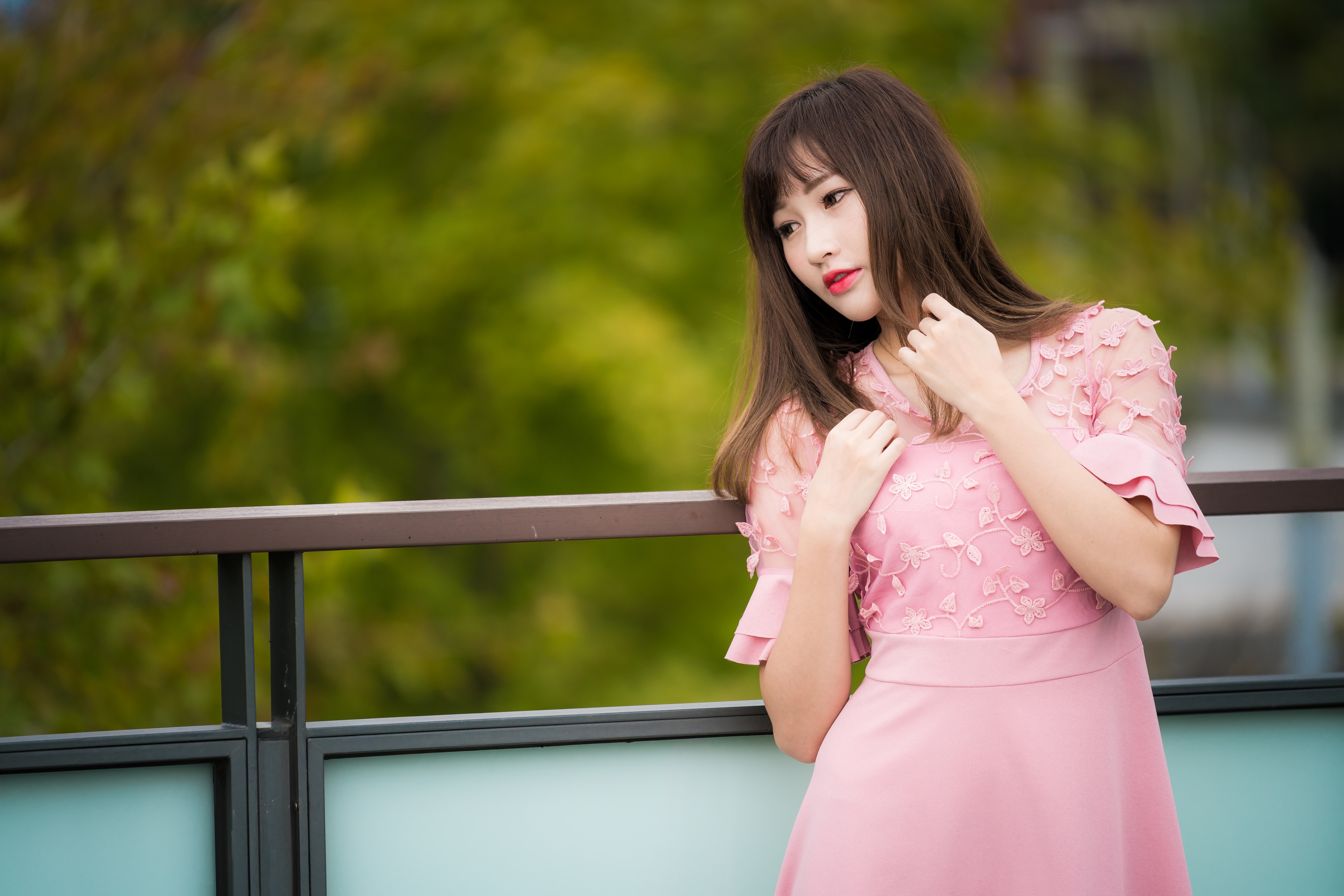 Asian woman in pink dress with brown hair HD Wallpaper