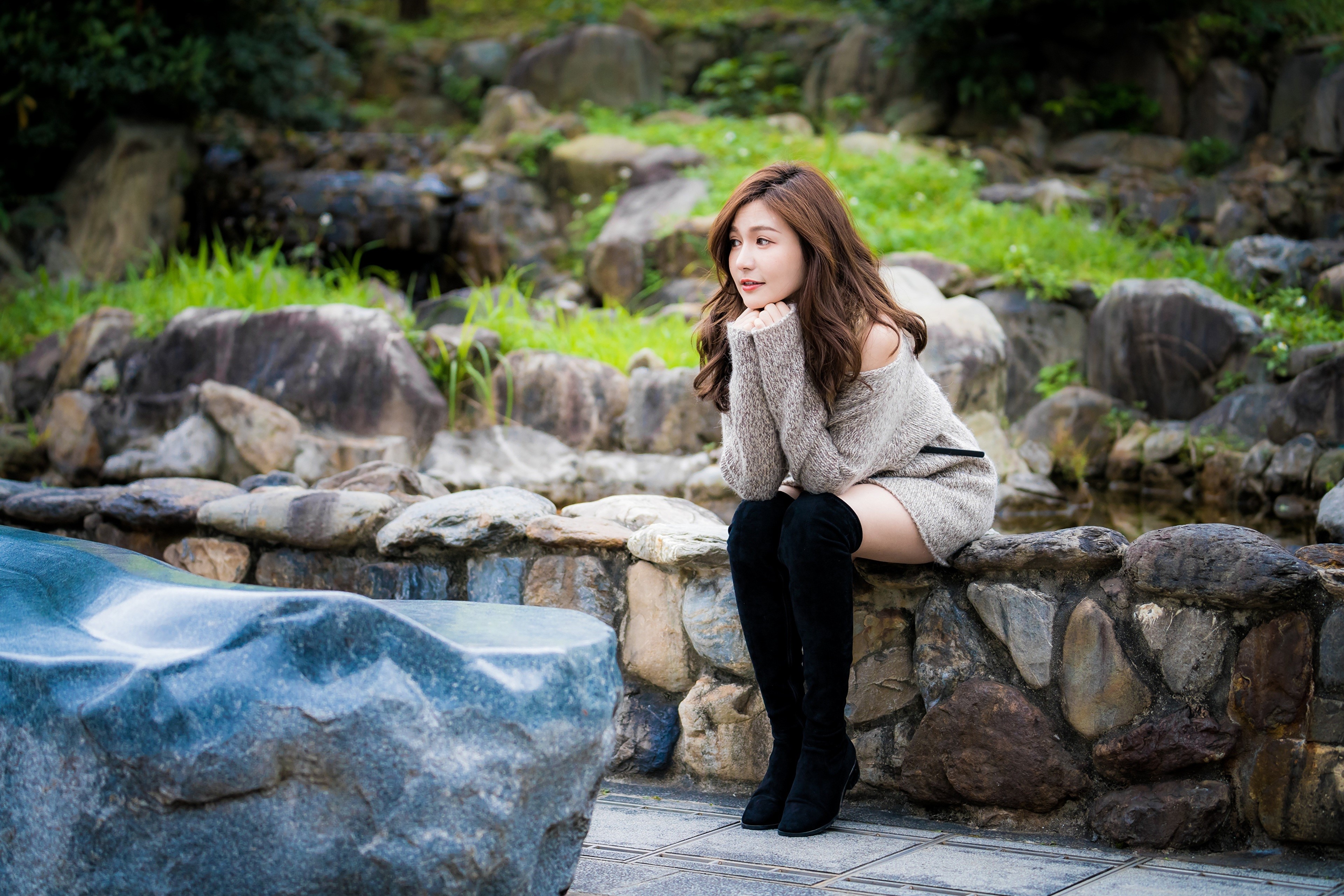 4K Asian Woman Sitting Wearing Boots HD Wallpaper