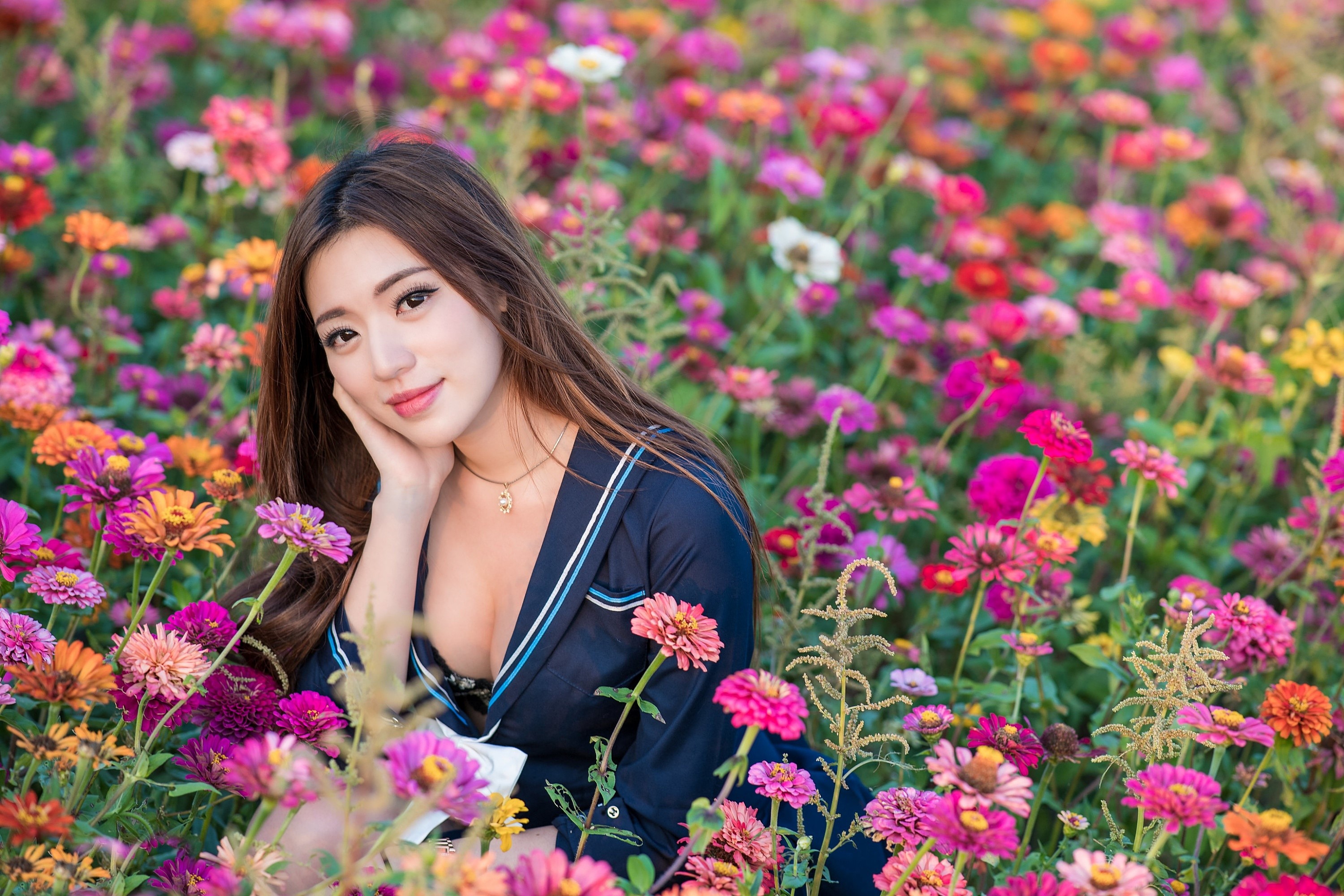 Asian Woman Among Vibrant Flowers HD Wallpaper