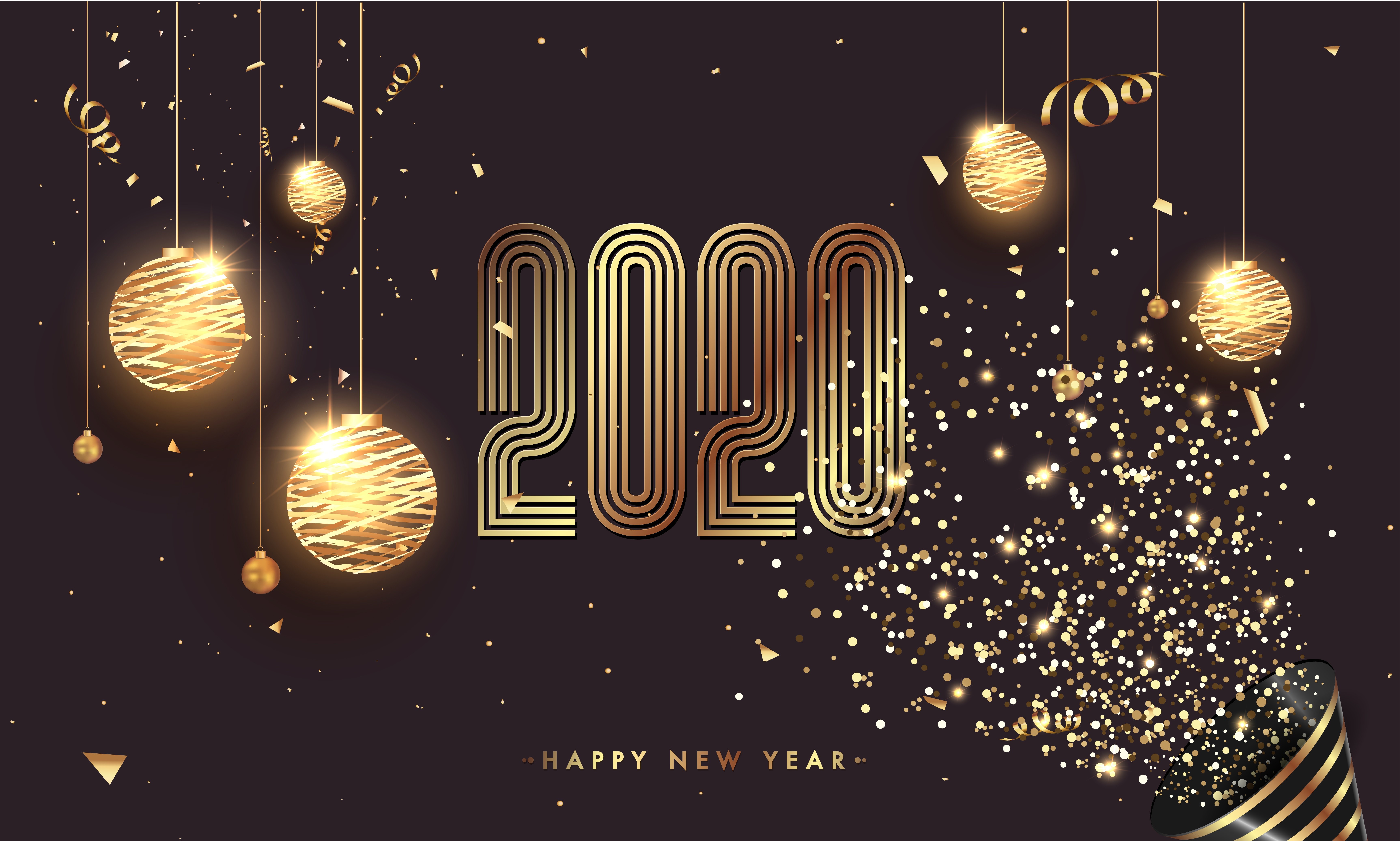 Happy New Year 2020 Gold Confetti and Ornaments HD Wallpaper