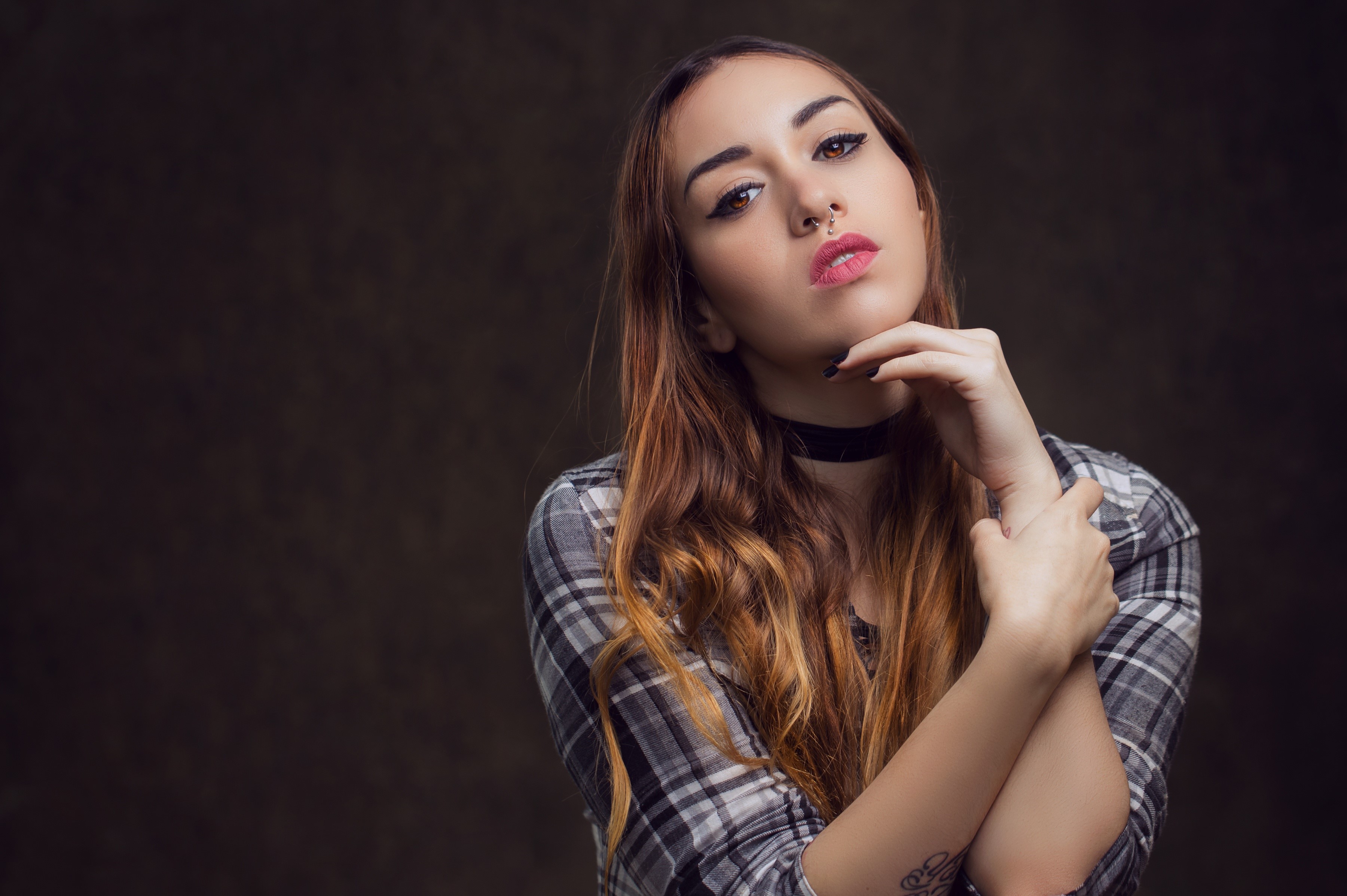 Woman with nose ring and plaid shirt HD Wallpaper