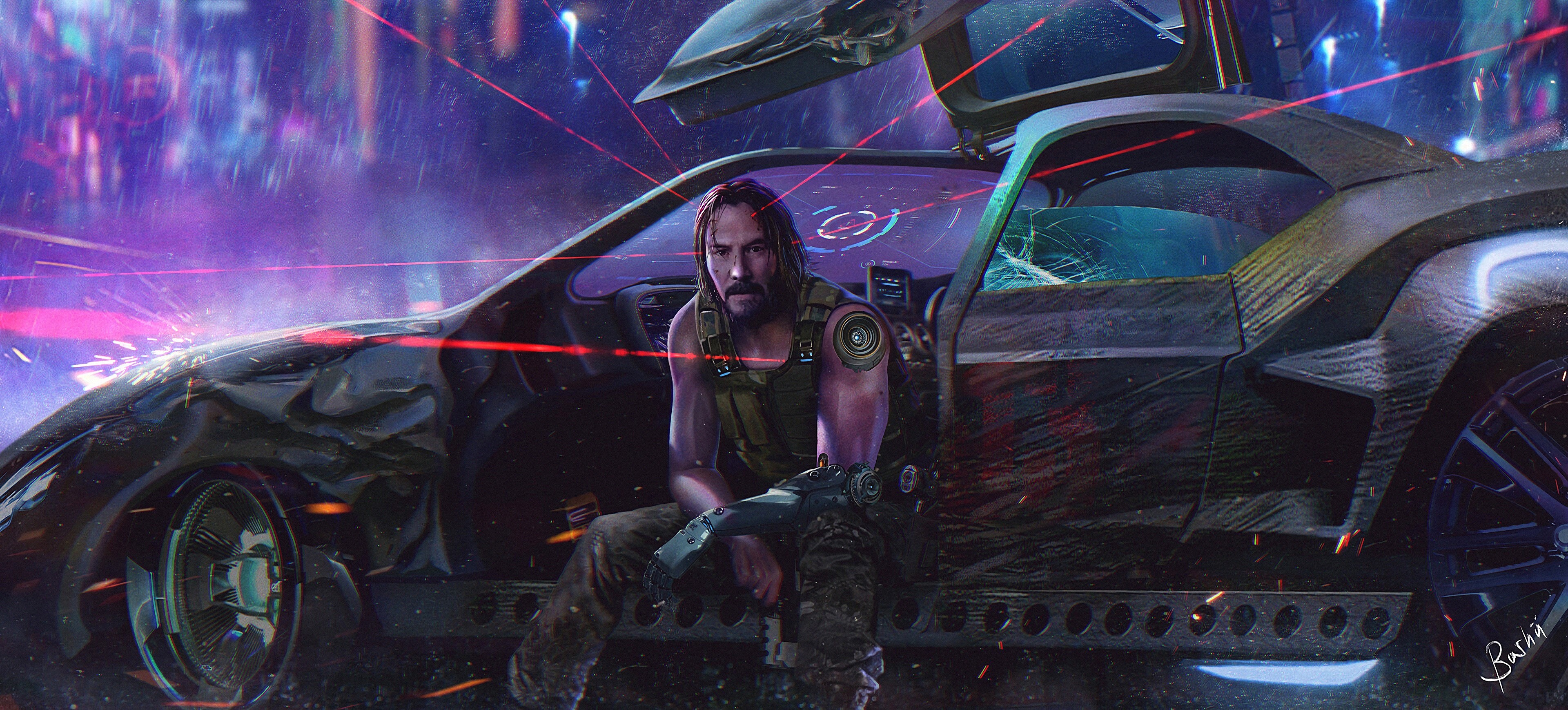 Keanu Reeves as Johnny Silverhand from Cyberpunk 2077 in a car HD Wallpaper