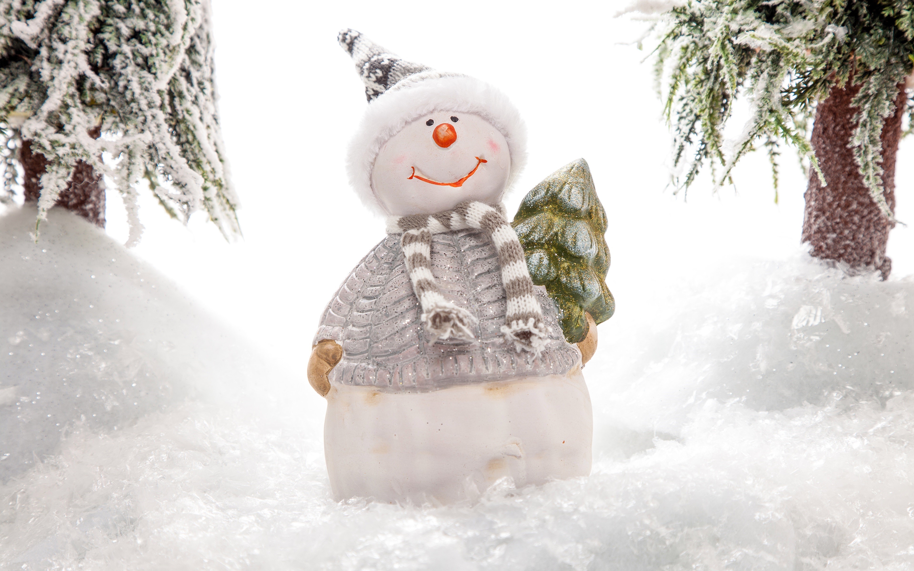 Snowman with Christmas tree and snow HD Wallpaper