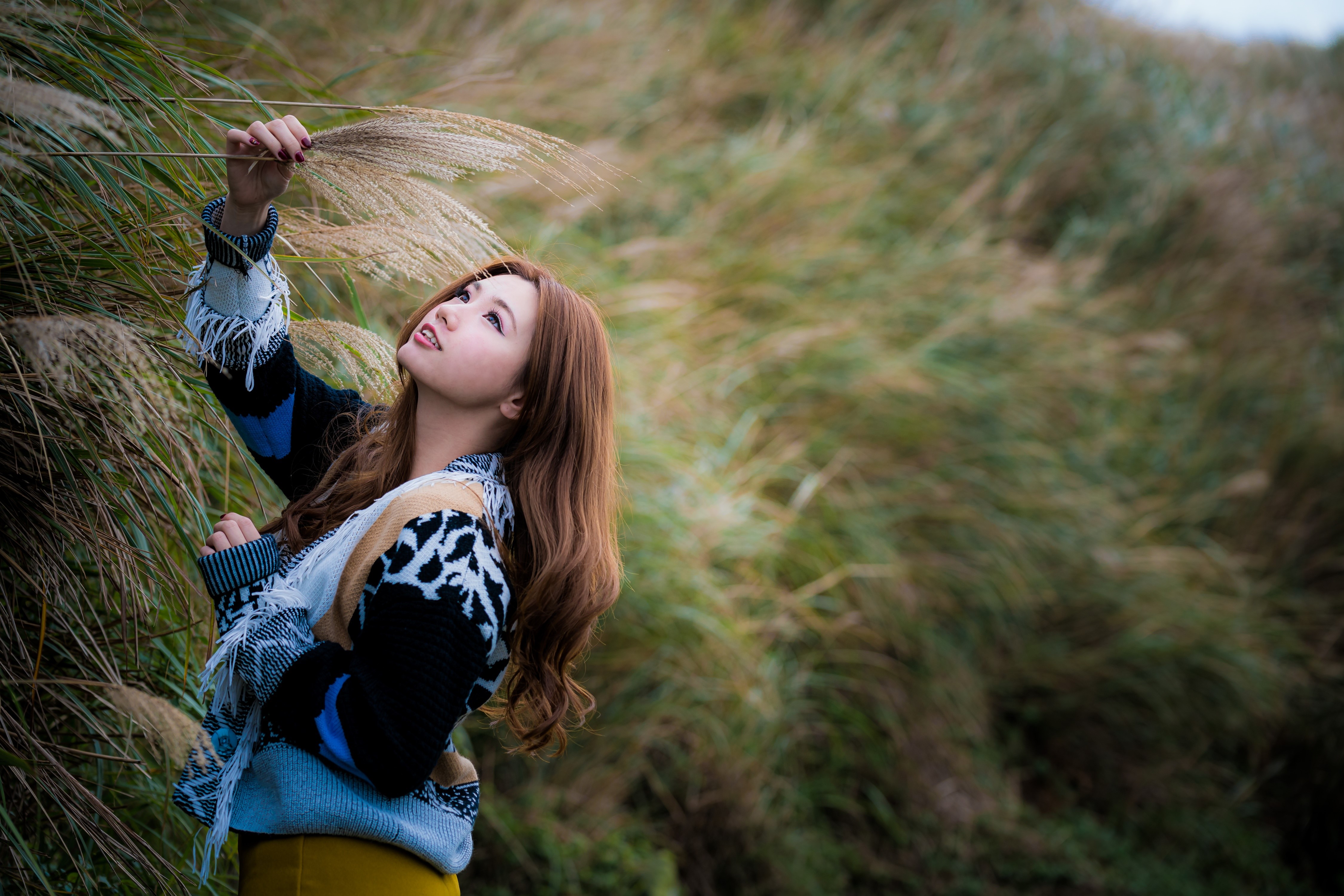 Asian woman in a sweater posing in tall grass HD Wallpaper
