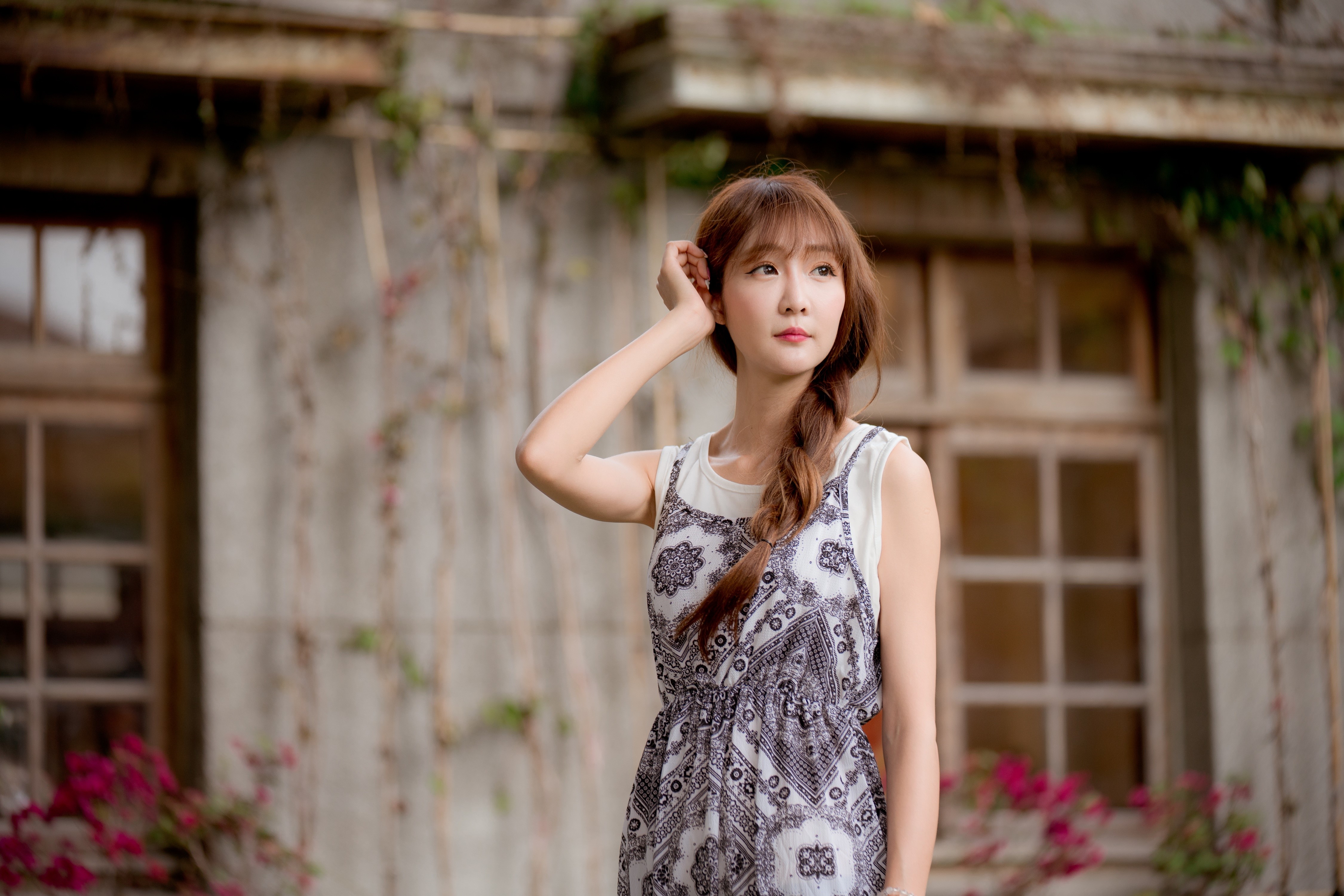 Asian woman with braid hair in a dress HD Wallpaper