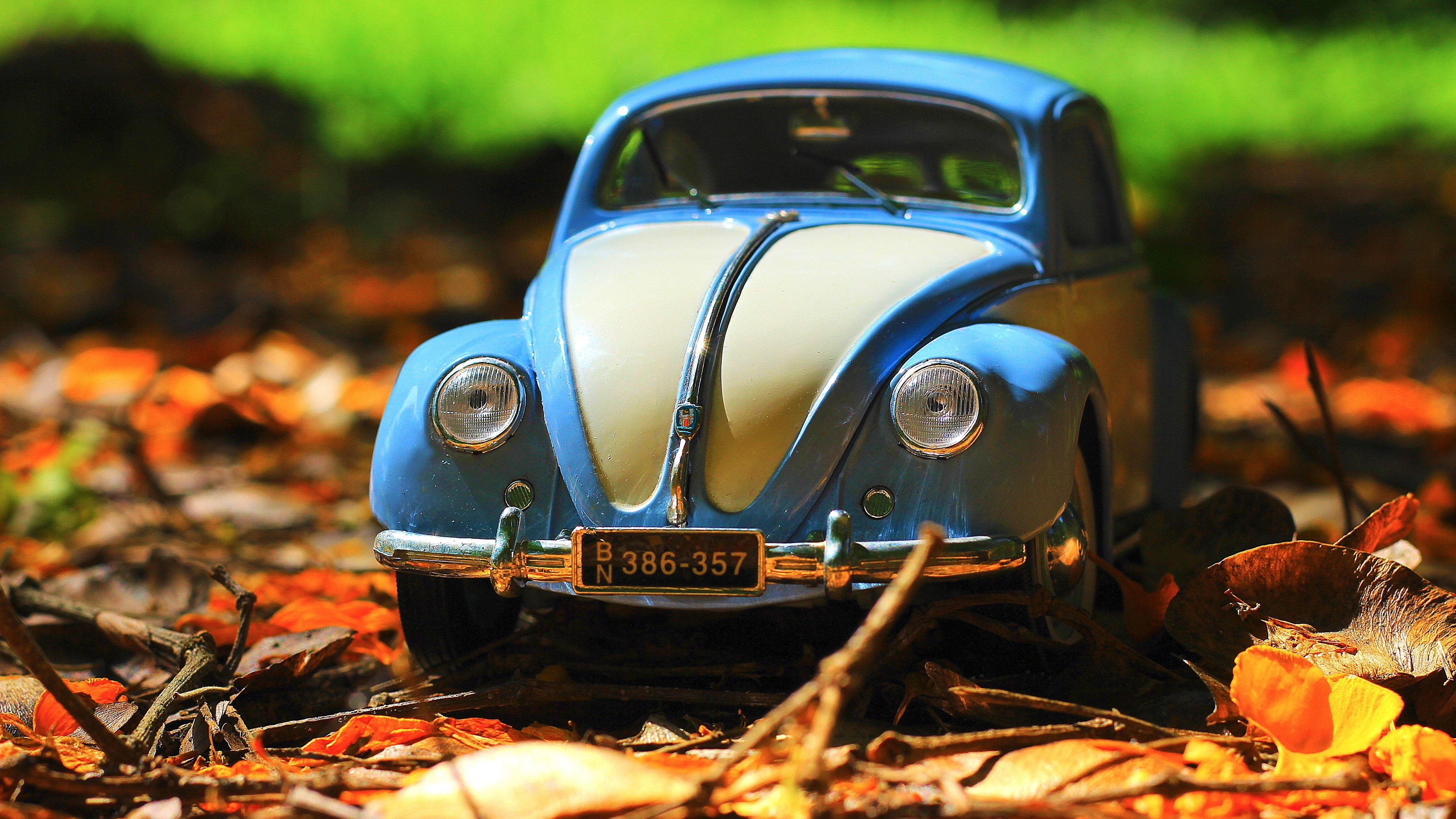 Blue and cream Volkswagen Beetle toy car HD Wallpaper
