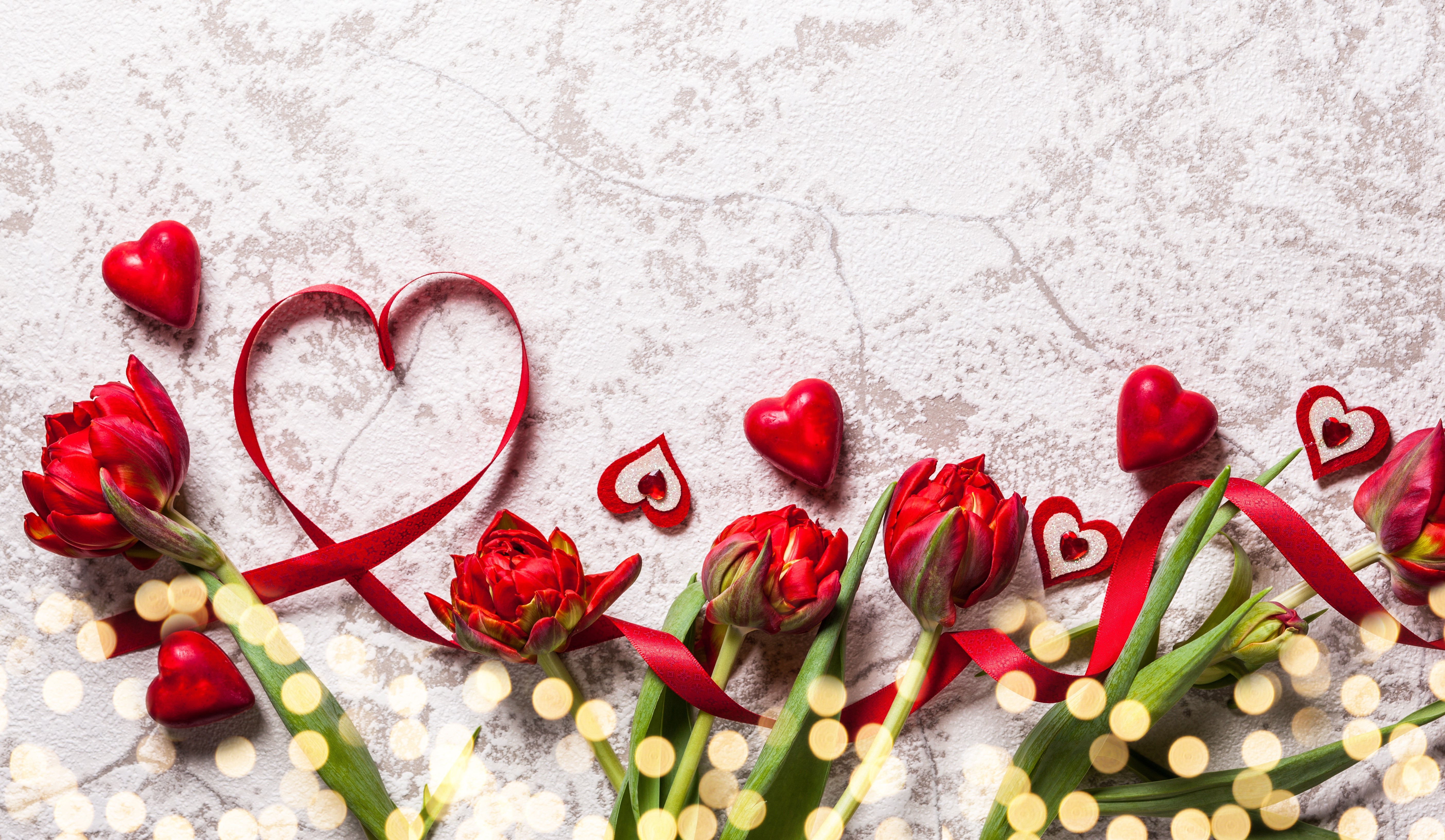Red Tulips and Hearts for Valentine's Day HD Wallpaper