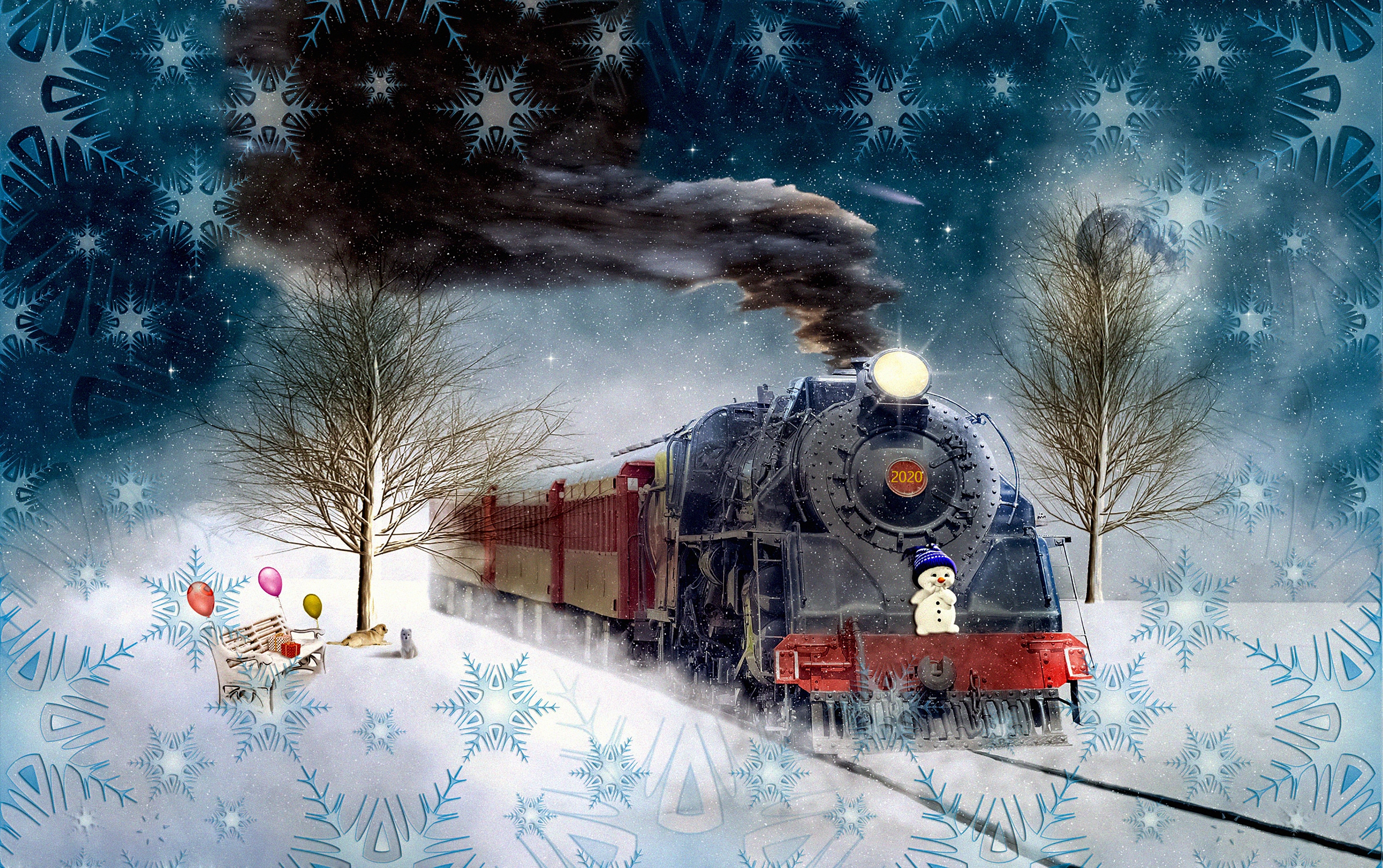 Christmas Train with Snowman and Snowflakes HD Wallpaper