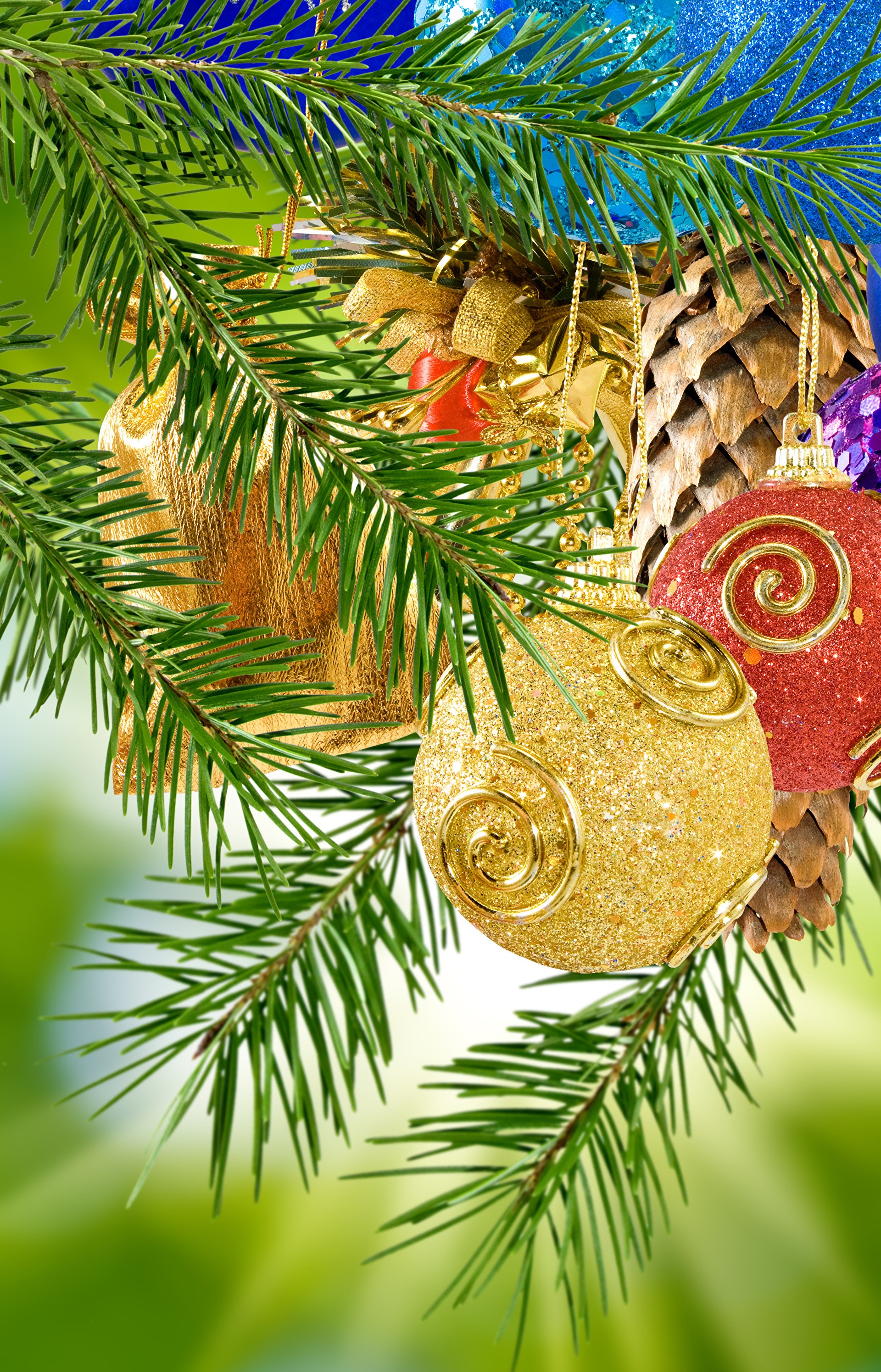 Christmas tree branches with ornaments and pine cones HD Phone Wallpaper