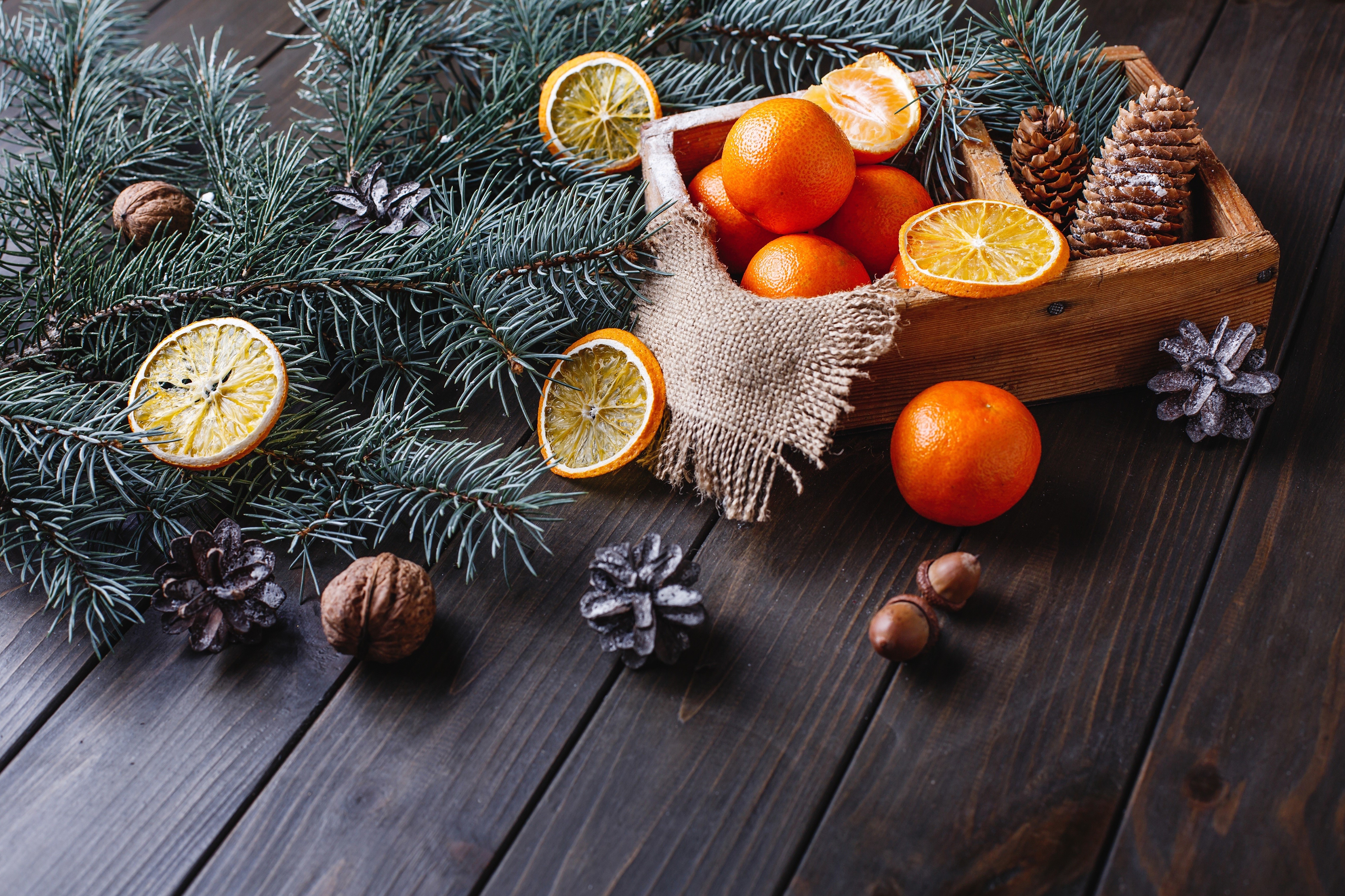 Christmas still life with tangerines and pine cones HD Wallpaper