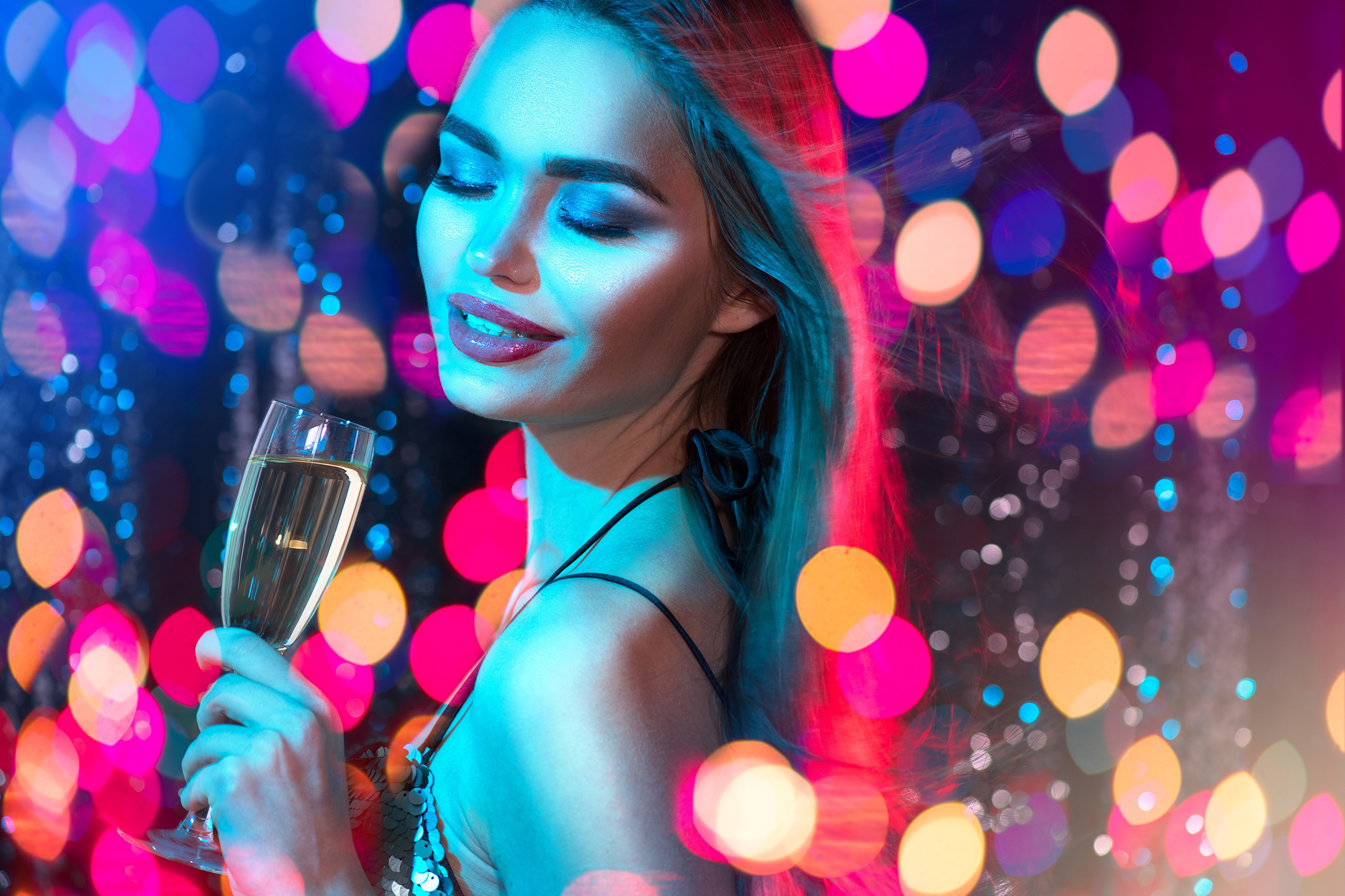 Woman with Champagne and Bokeh Lights HD Wallpaper