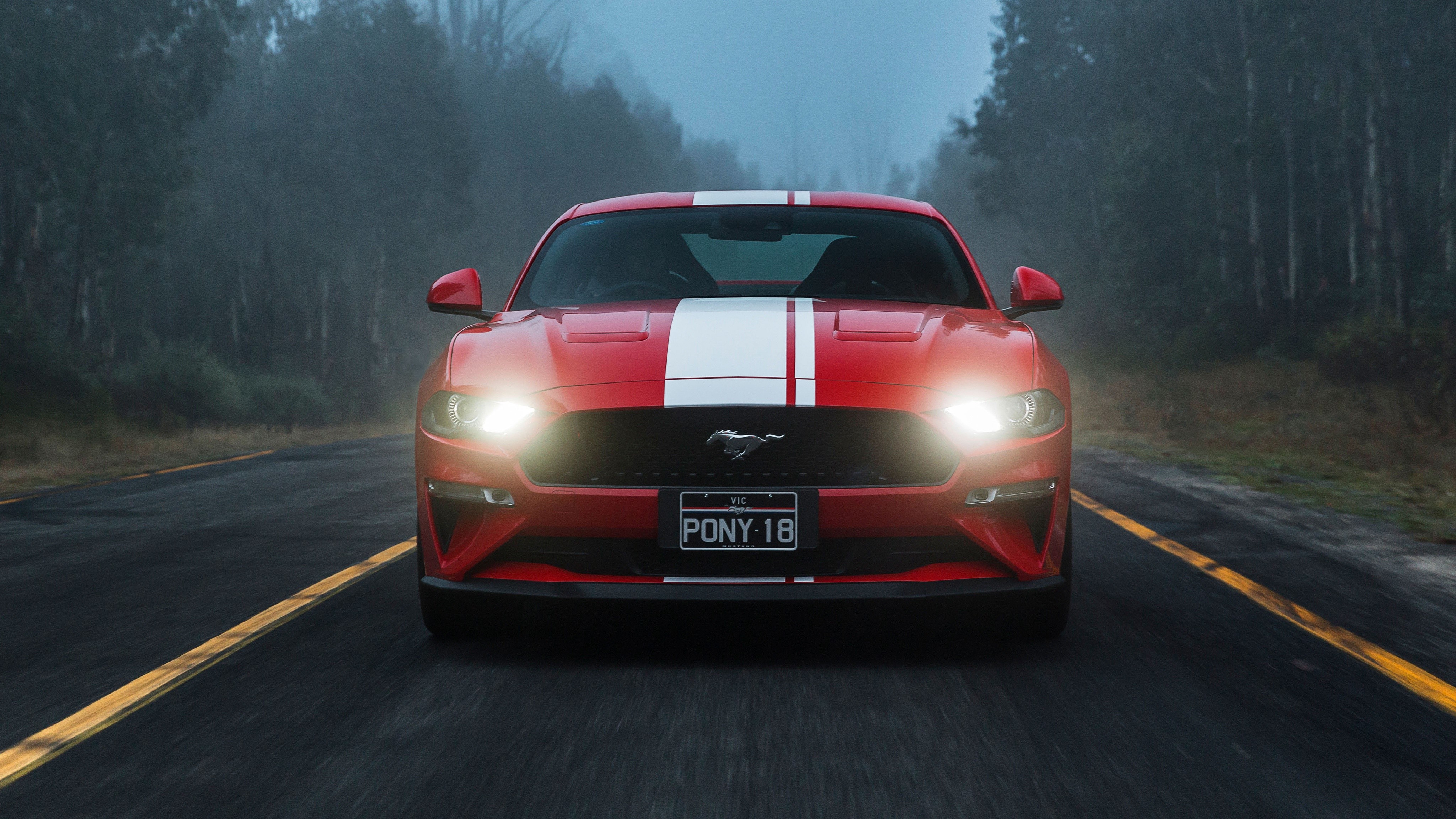 Red 2018 Ford Mustang GT with White Stripes HD Wallpaper