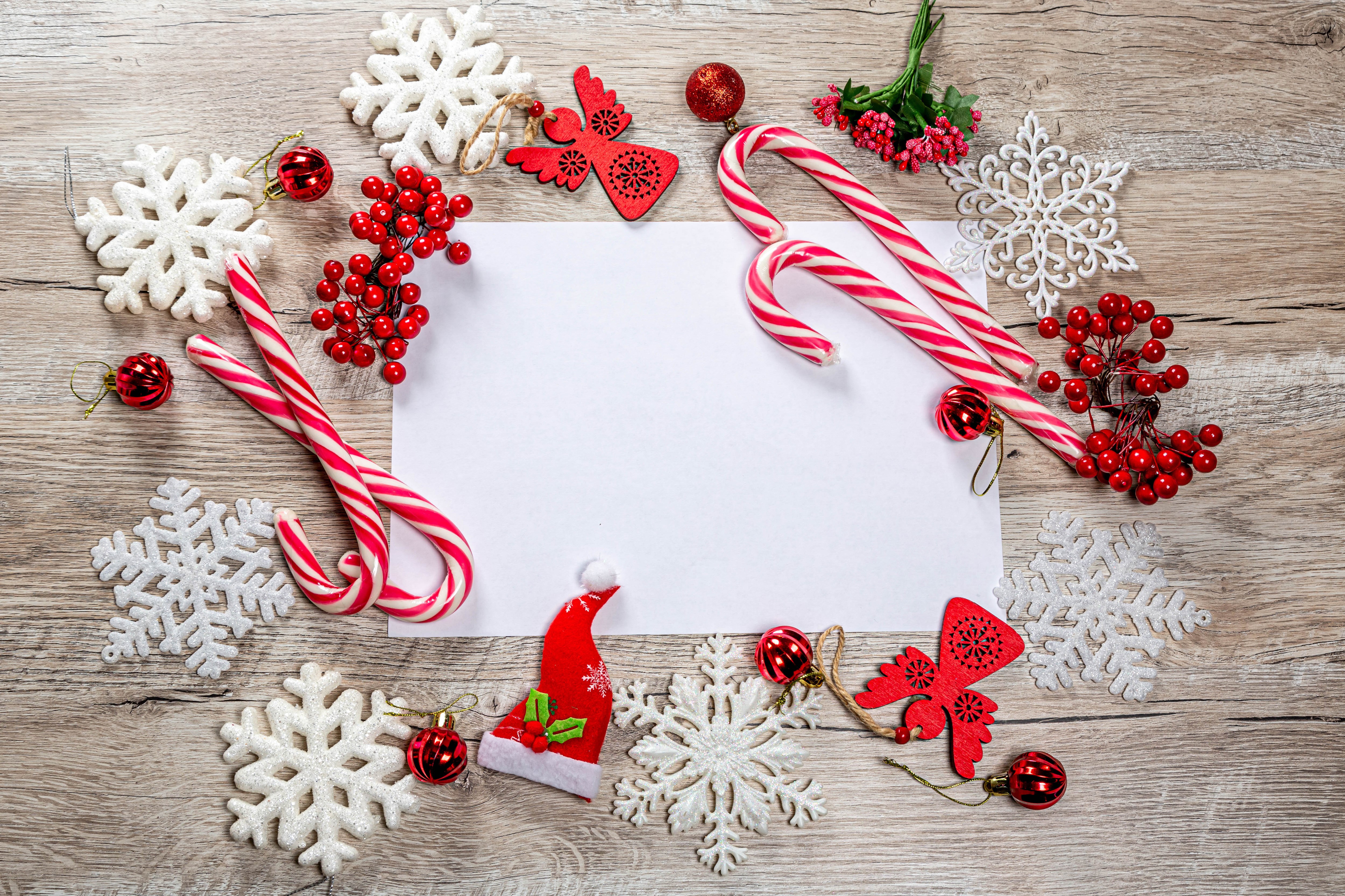 Christmas Decorations with Blank Card on Wood HD Wallpaper