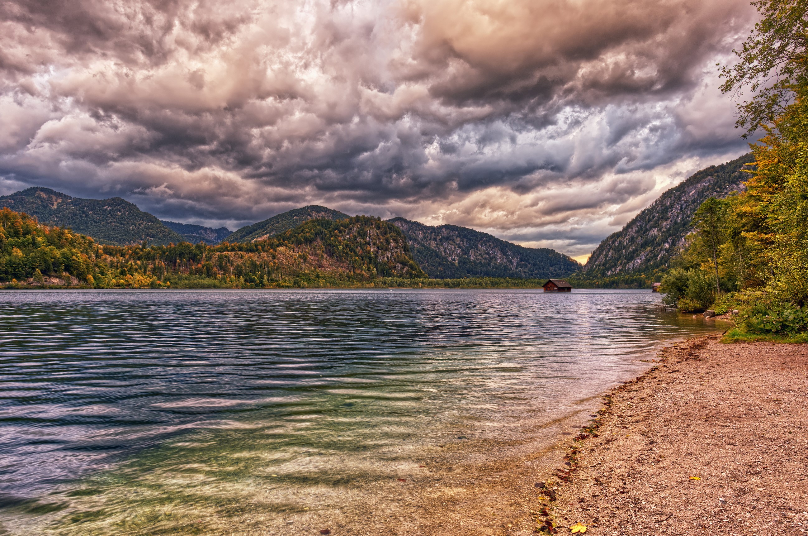 Lake Almsee Habernau, Austria with Mountains and Autumn Clouds HD Wallpaper