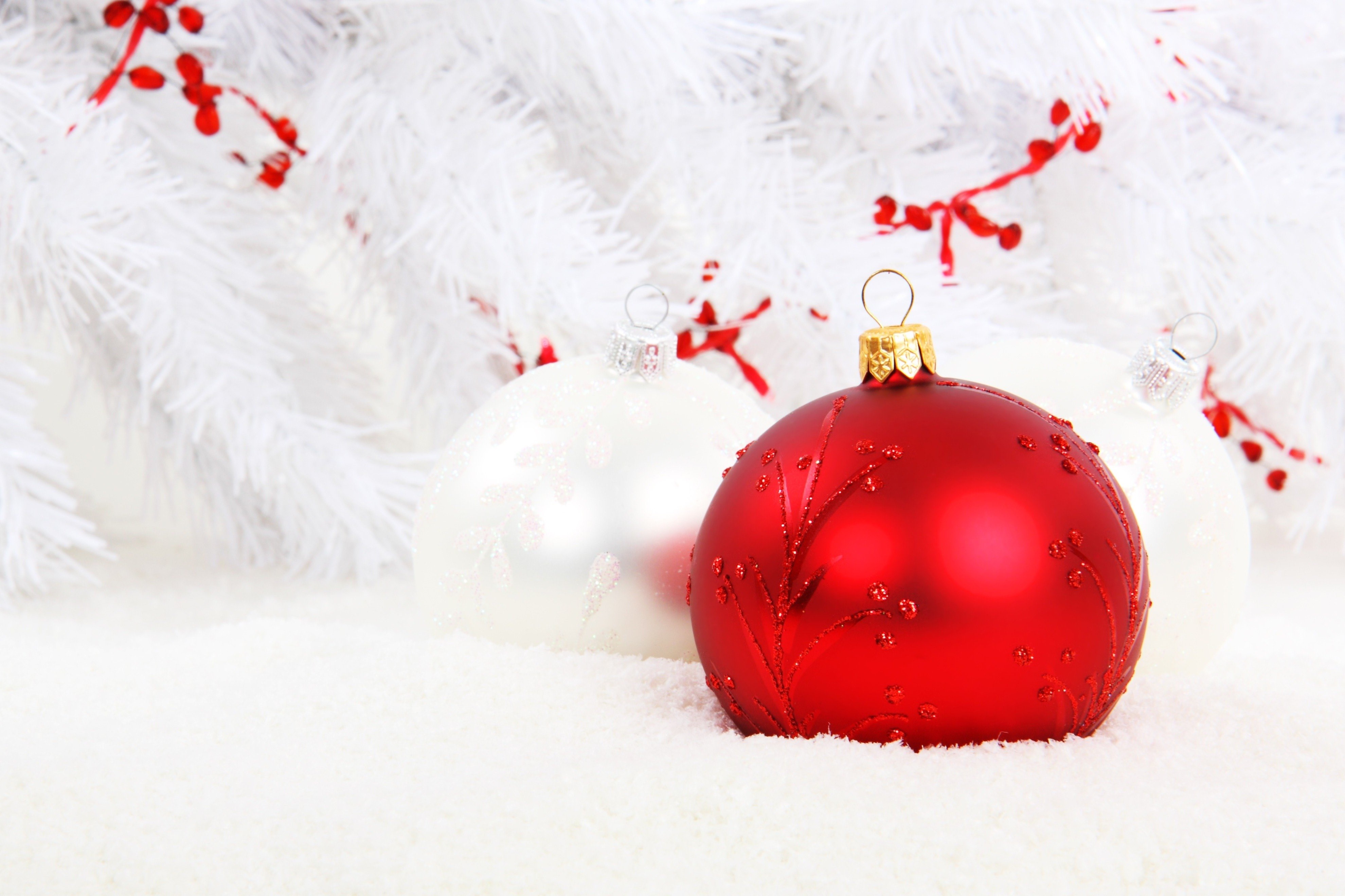 Christmas ornaments on white tree HD Wallpaper