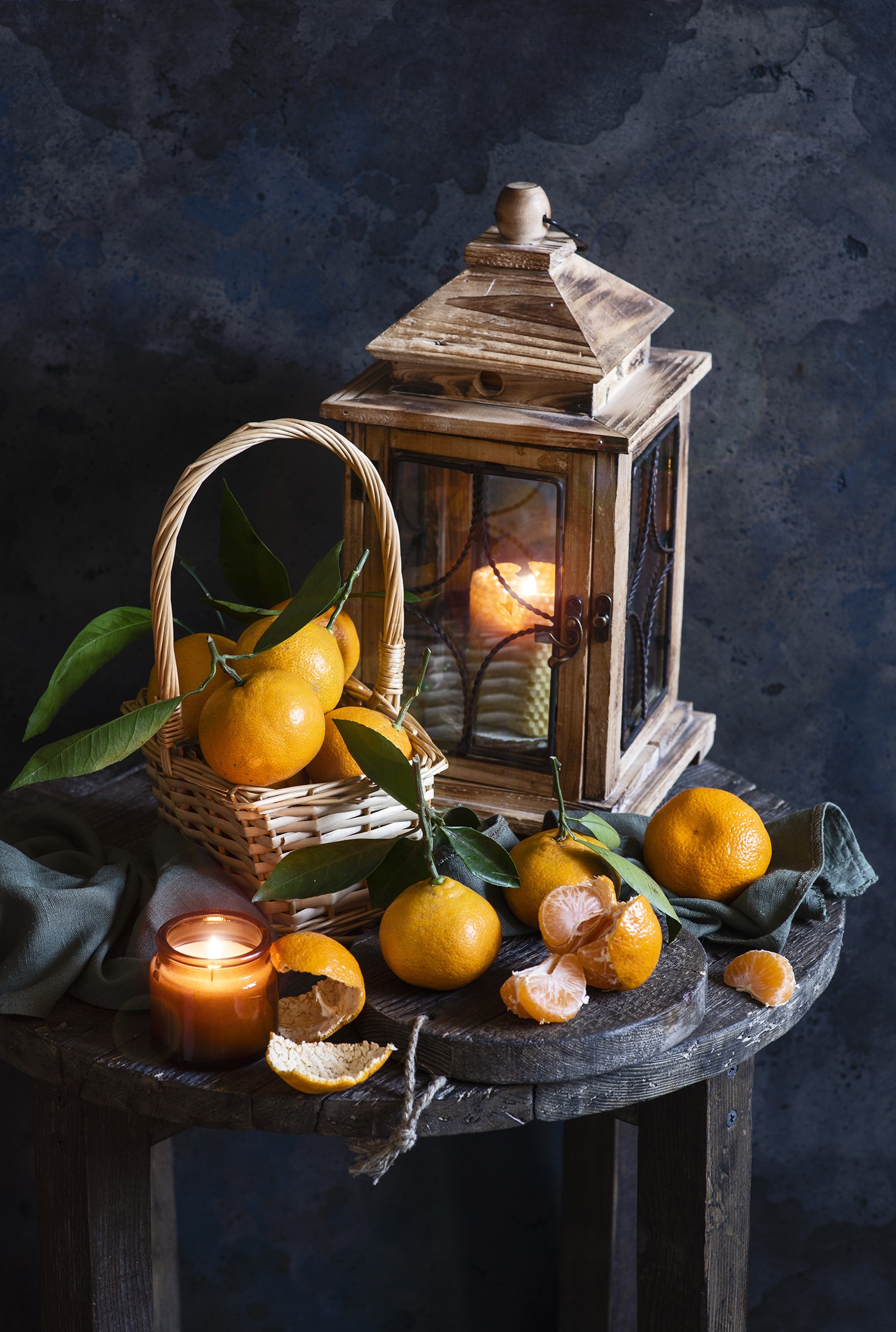 Still life with tangerines, candles, and lantern HD Phone Wallpaper