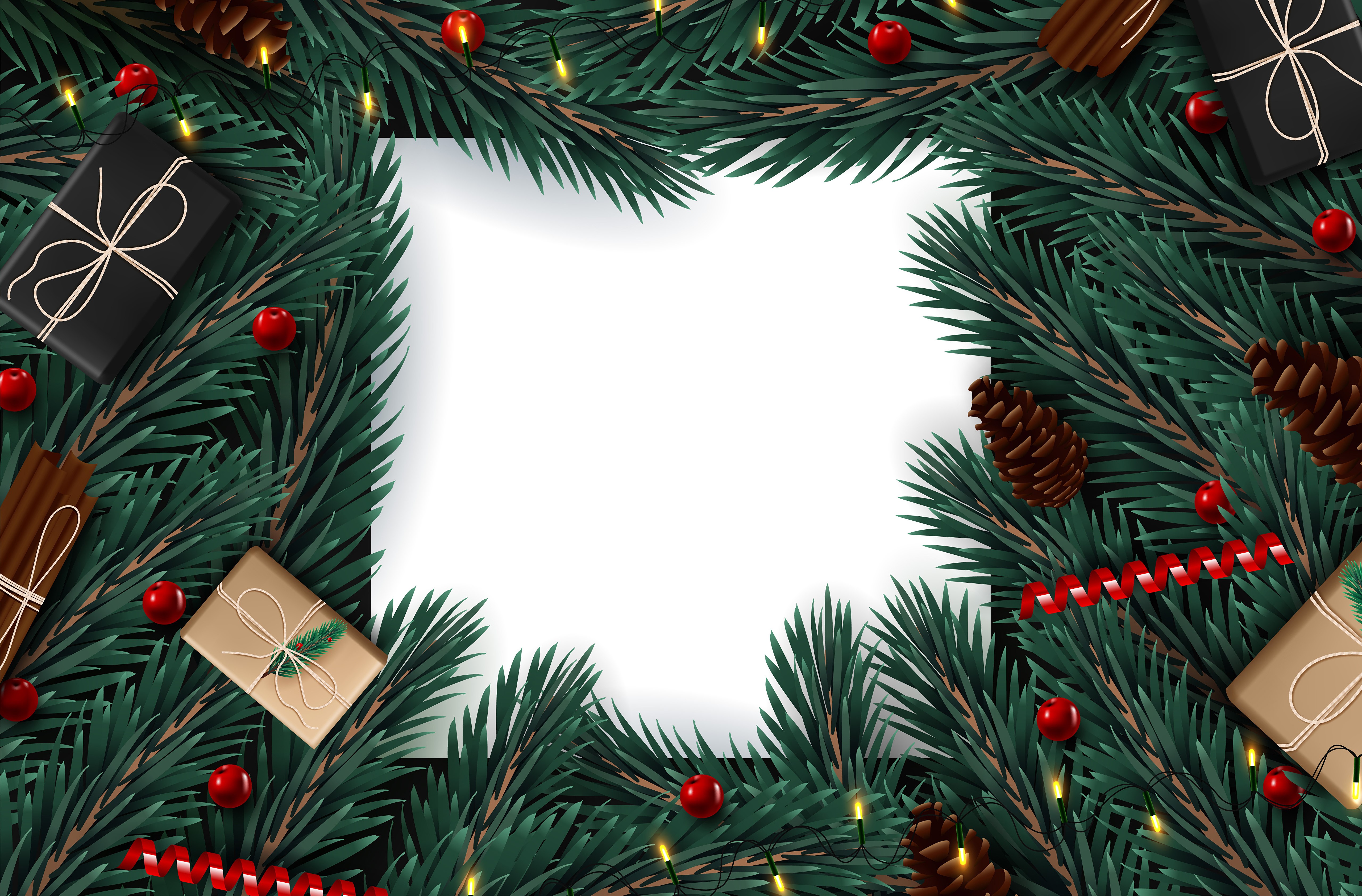 Christmas Greeting Card Template with Fir Branches and Gifts HD Wallpaper