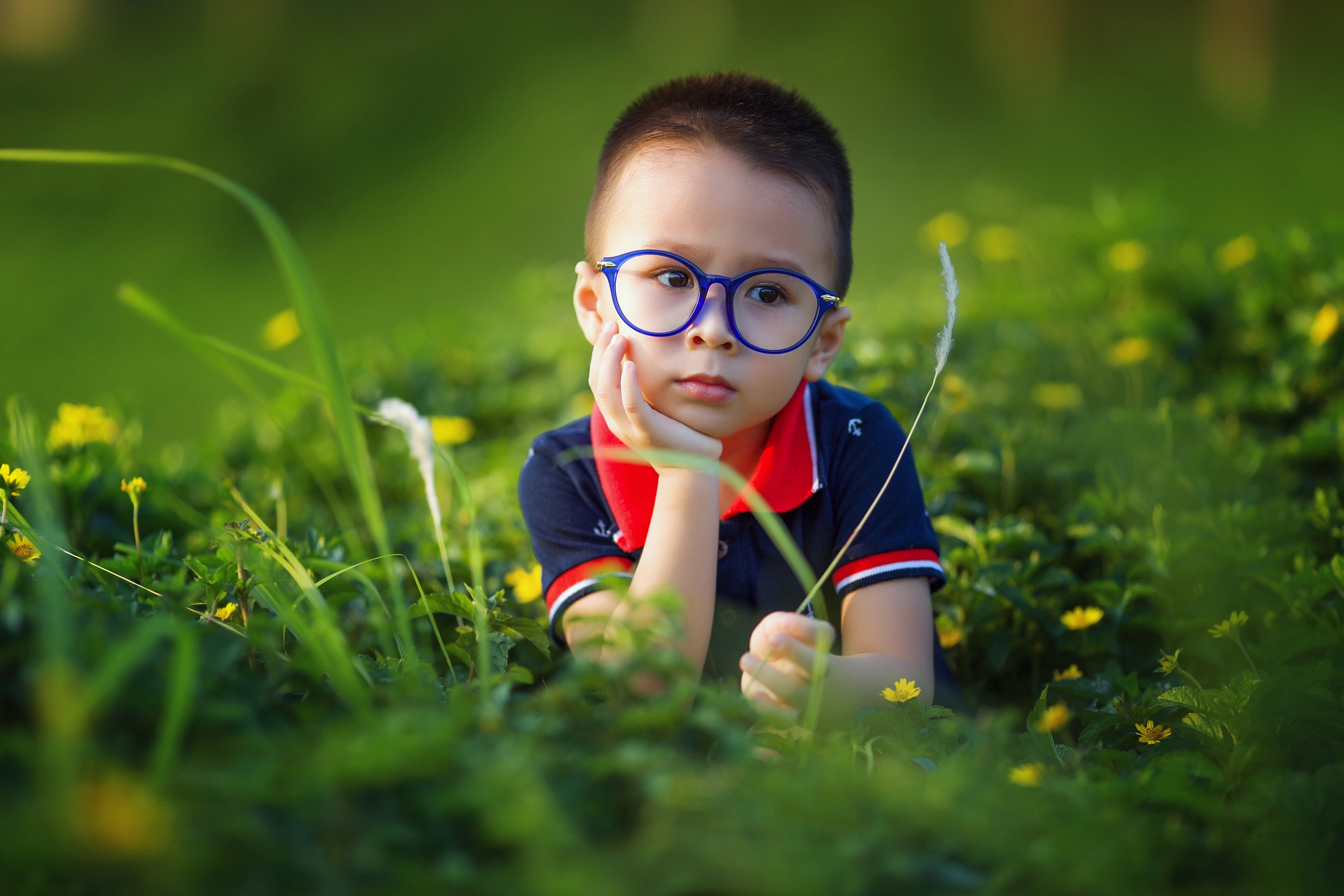 Asian boy with glasses lying in grass HD Wallpaper