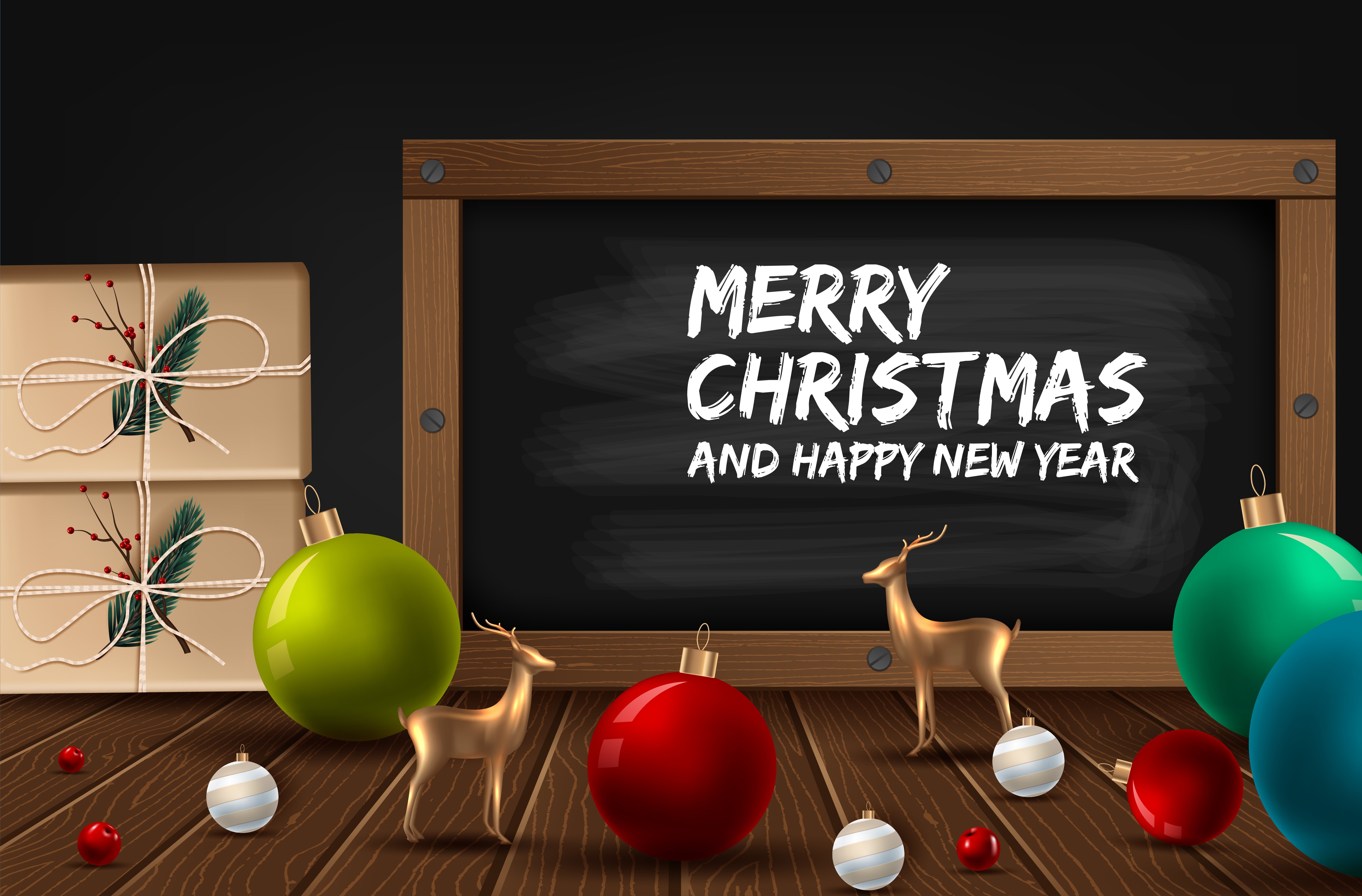 Merry Christmas and Happy New Year chalkboard with gifts and ornaments HD Wallpaper