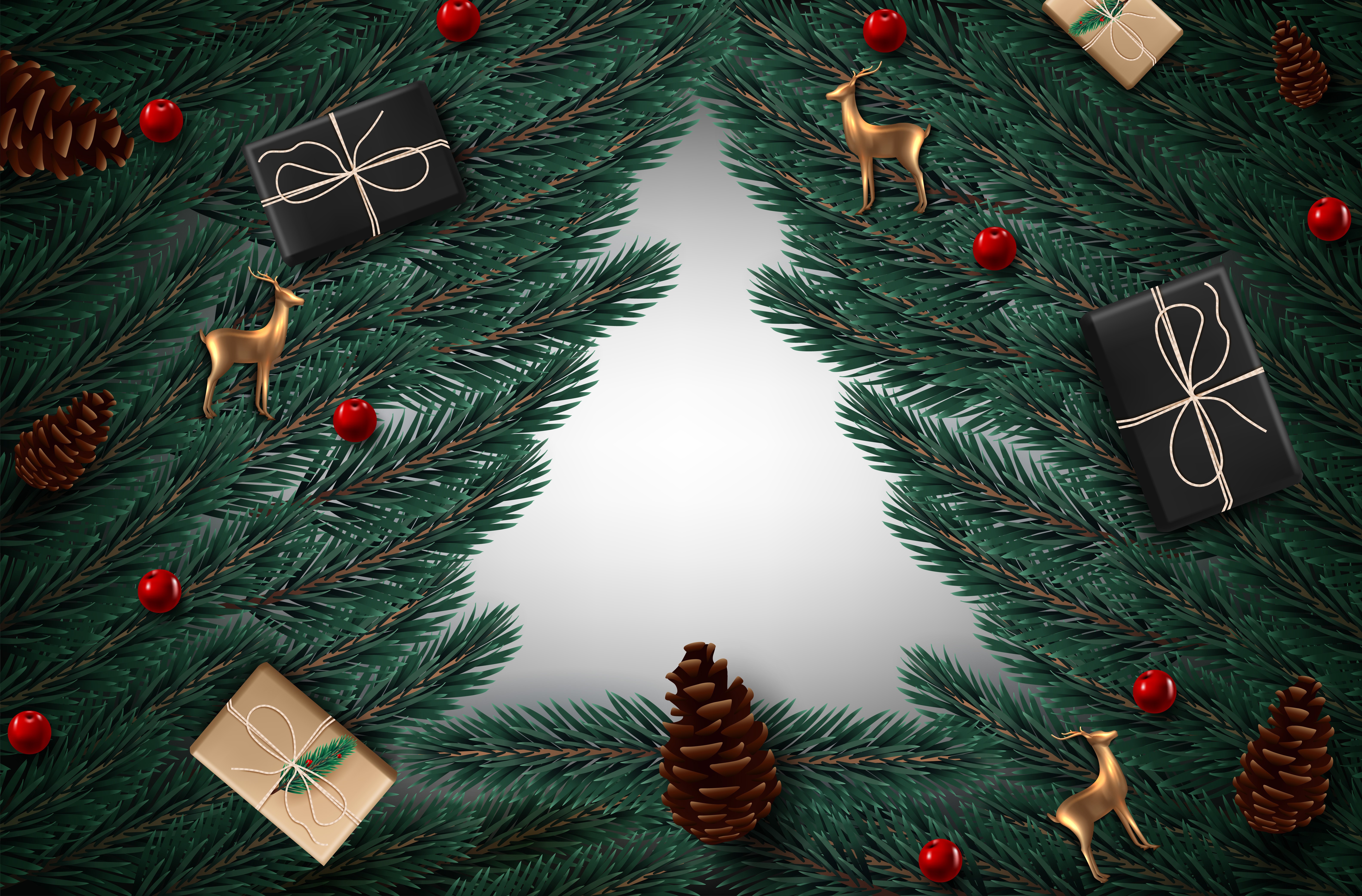 Christmas Tree Frame with Gifts, Pine Cones, and Deer HD Wallpaper