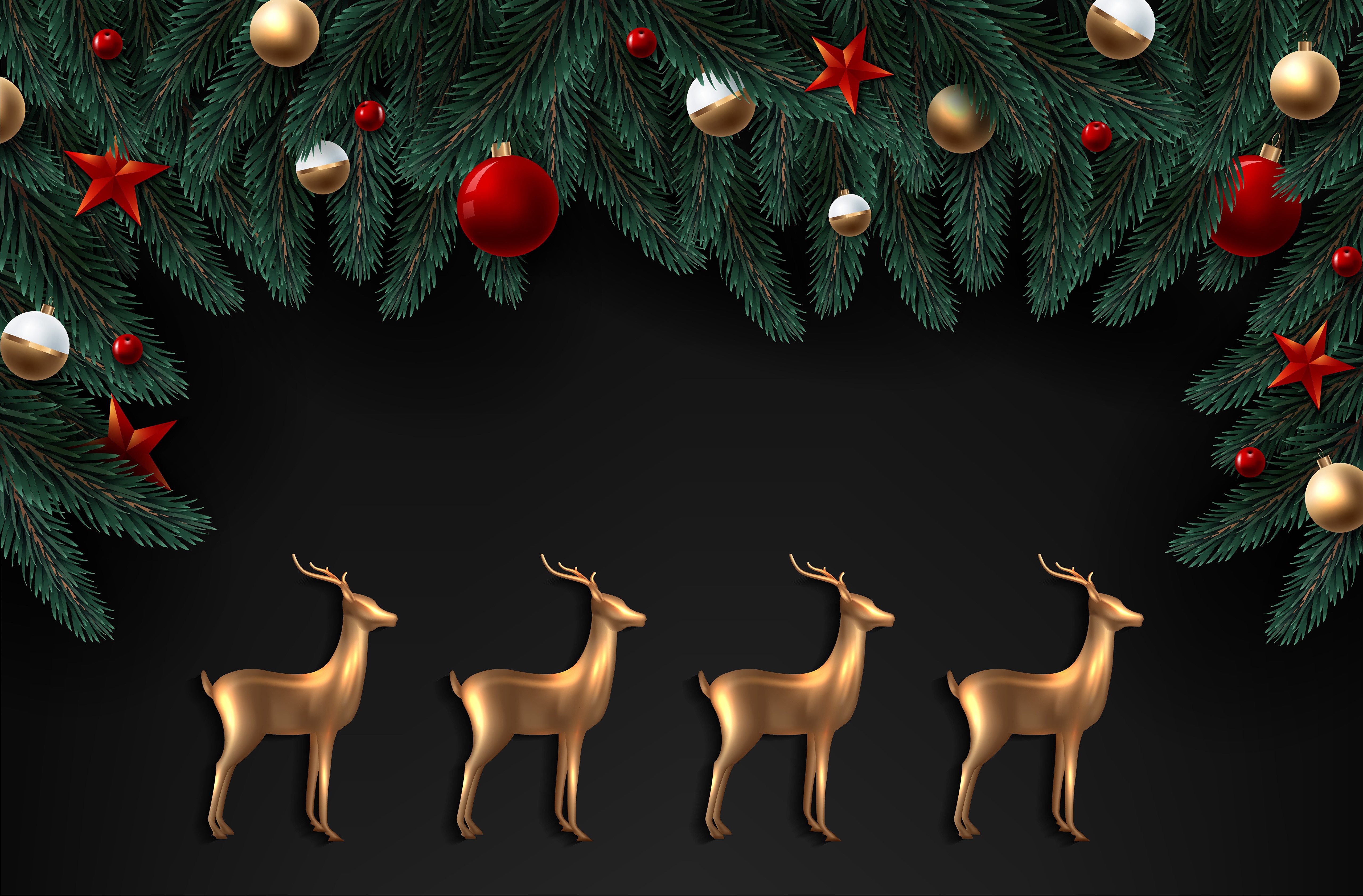 Christmas fir branches with ornaments and golden deer HD Wallpaper