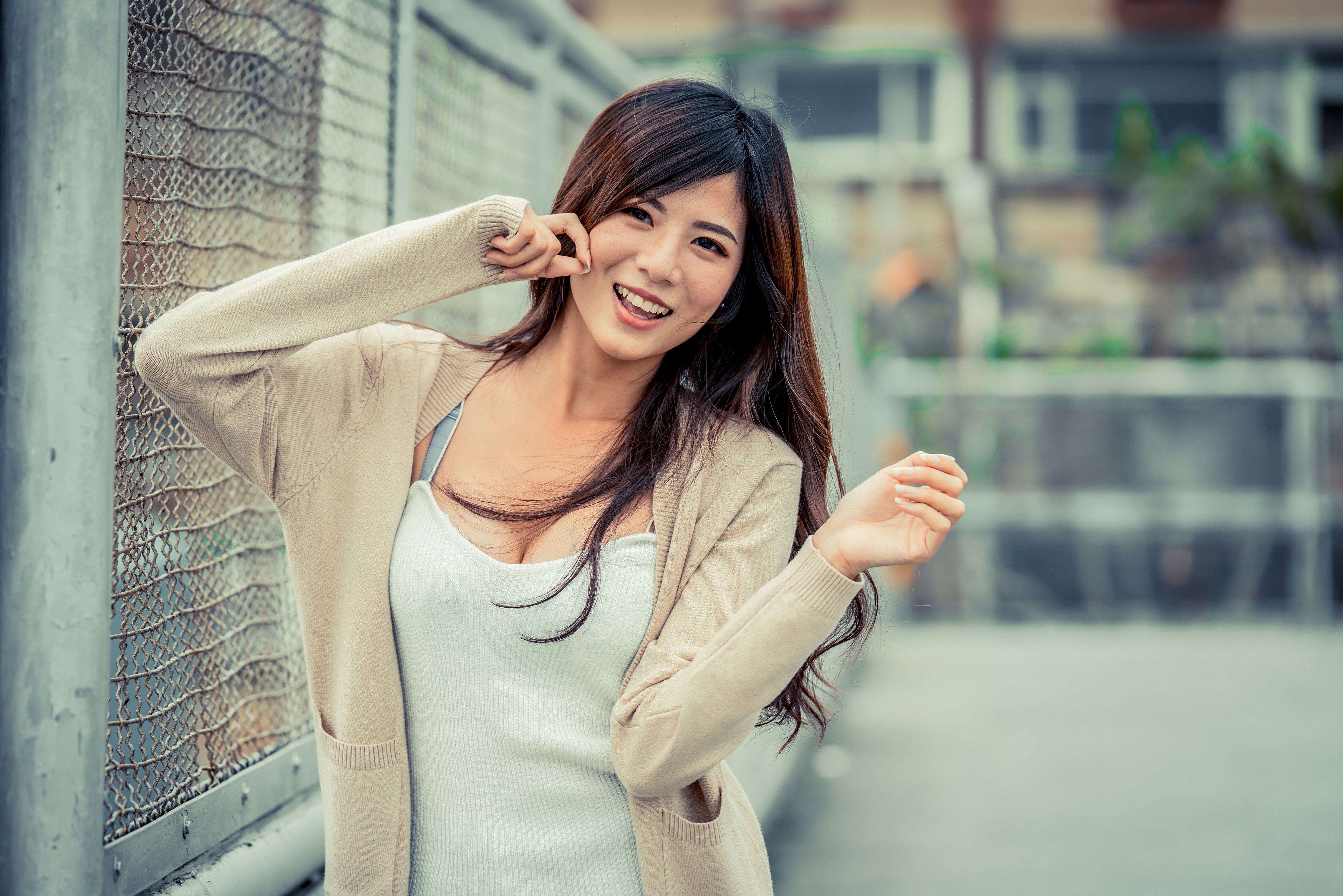Asian woman with long hair smiling HD Wallpaper