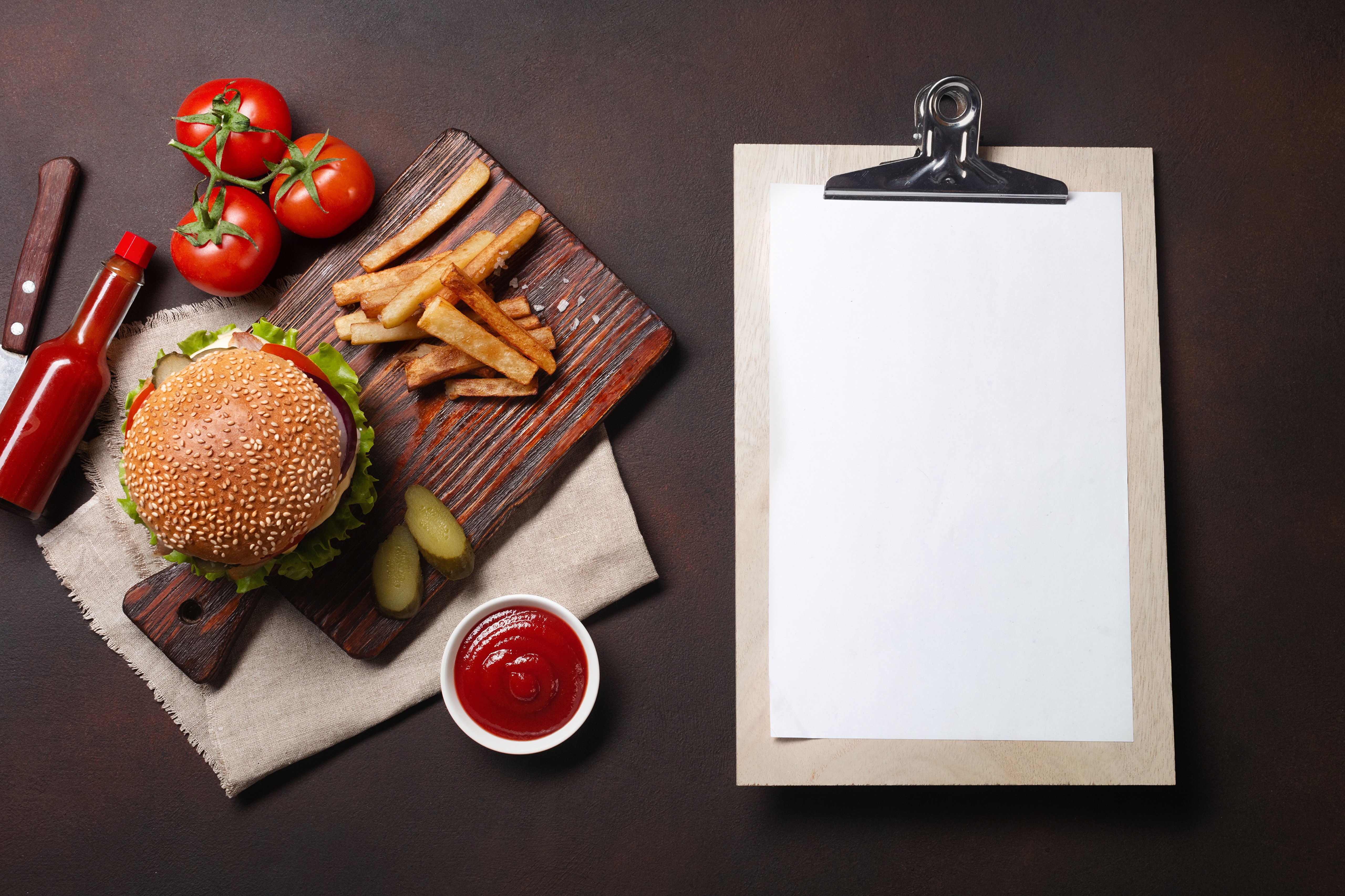 Hamburger, French Fries, Tomatoes, Ketchup, and Clipboard HD Wallpaper